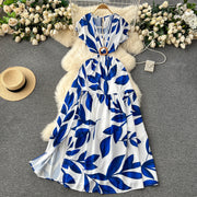 Vcay Leaf Print Waist Cutout Maxi dress