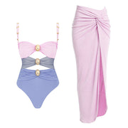 Colorblock One Piece Bikini And Skirt Set