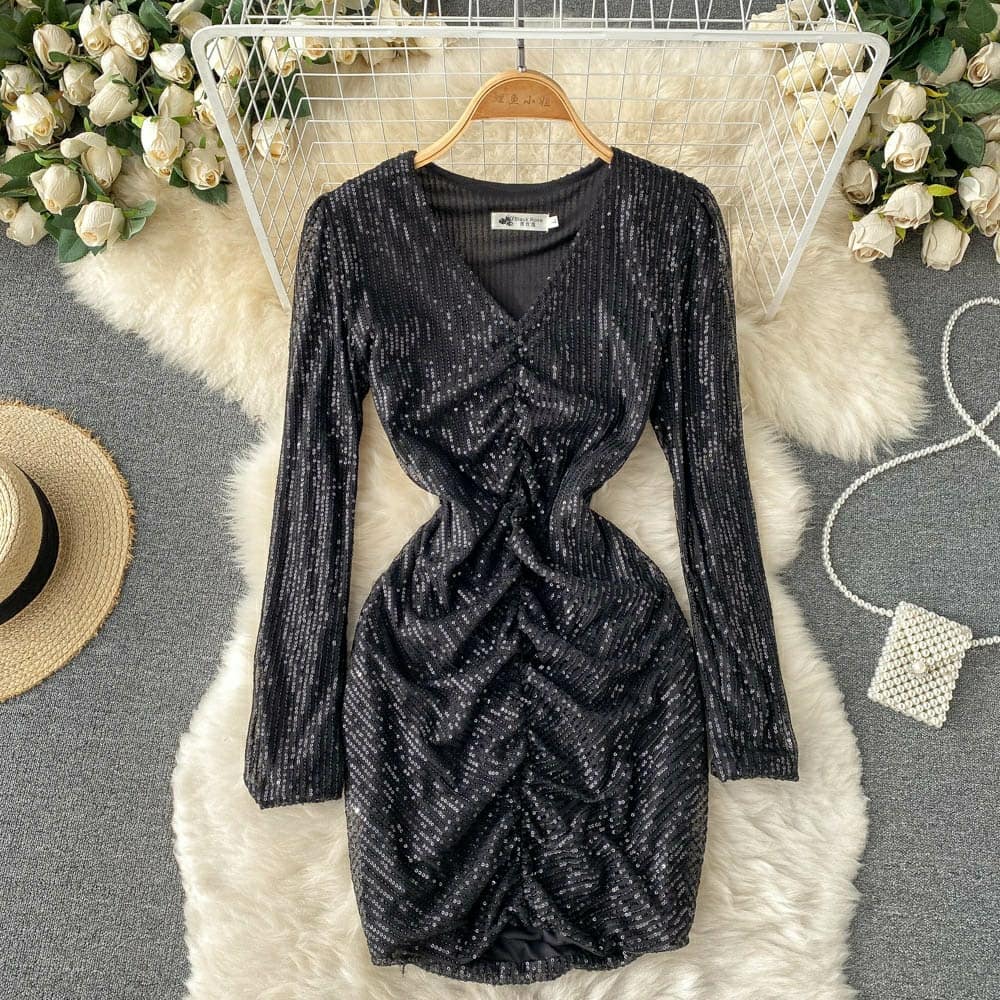 Sparkling Ruched Sequin Bodycon Dress – Twirl Around World