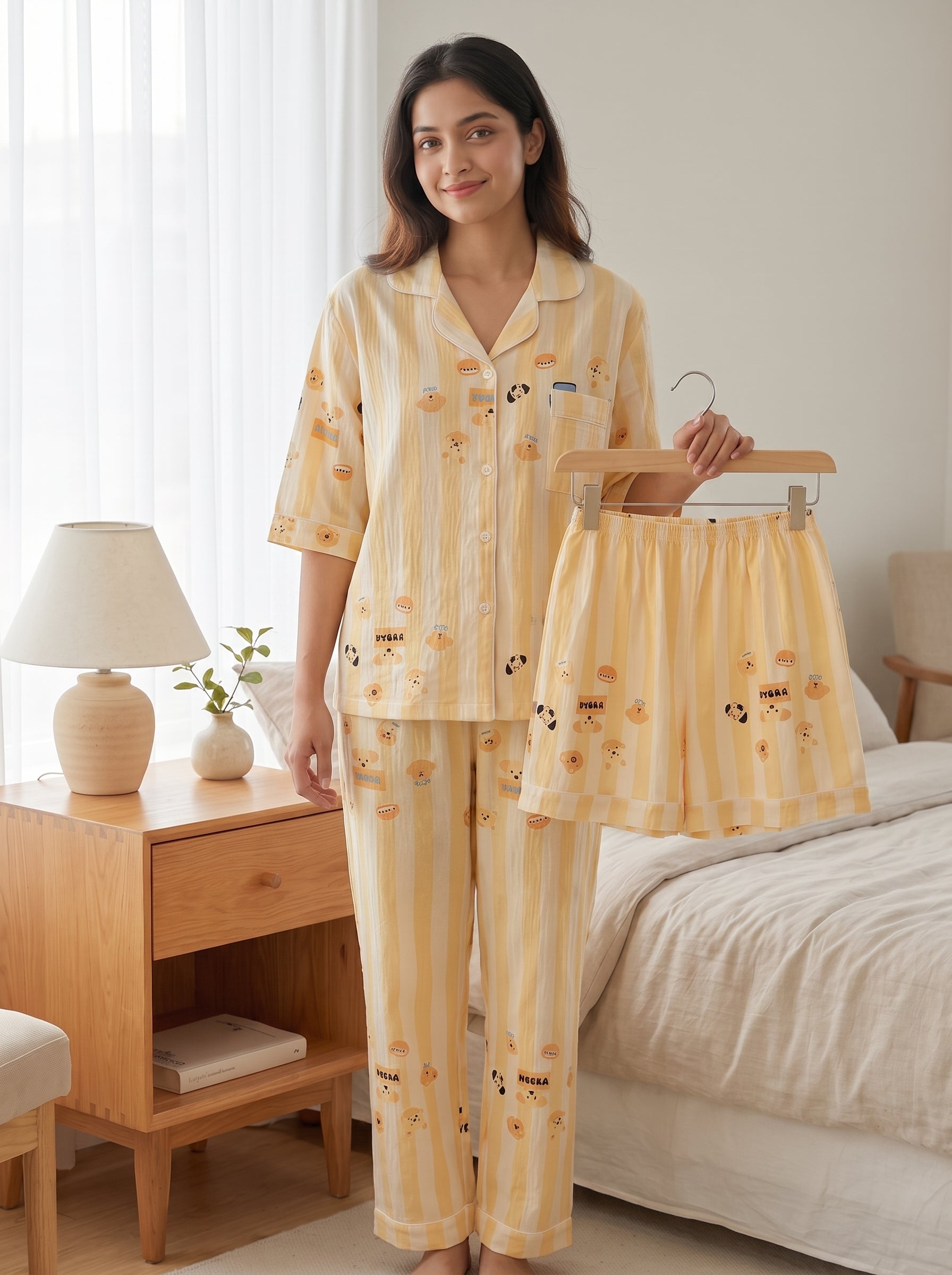 Yellow Puppy Padded Nightsuit- 3pcs Set
