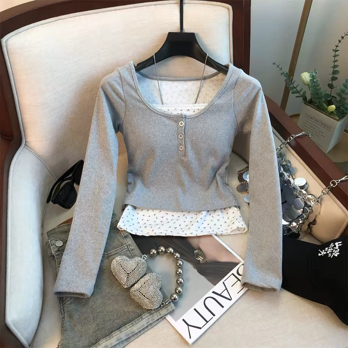 Henley Built-in Bra Full Sleeves Top