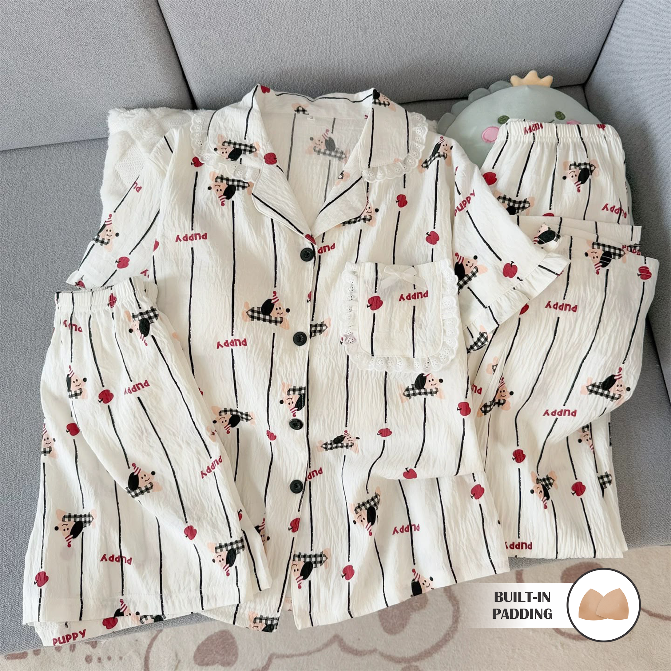 Apple & Pup Striped Padded Nightsuit - 3pc set