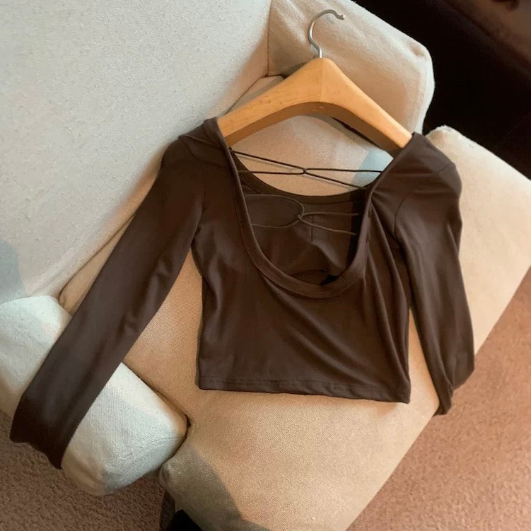 Y2K Backless Built-in Bra Full Sleeves Top