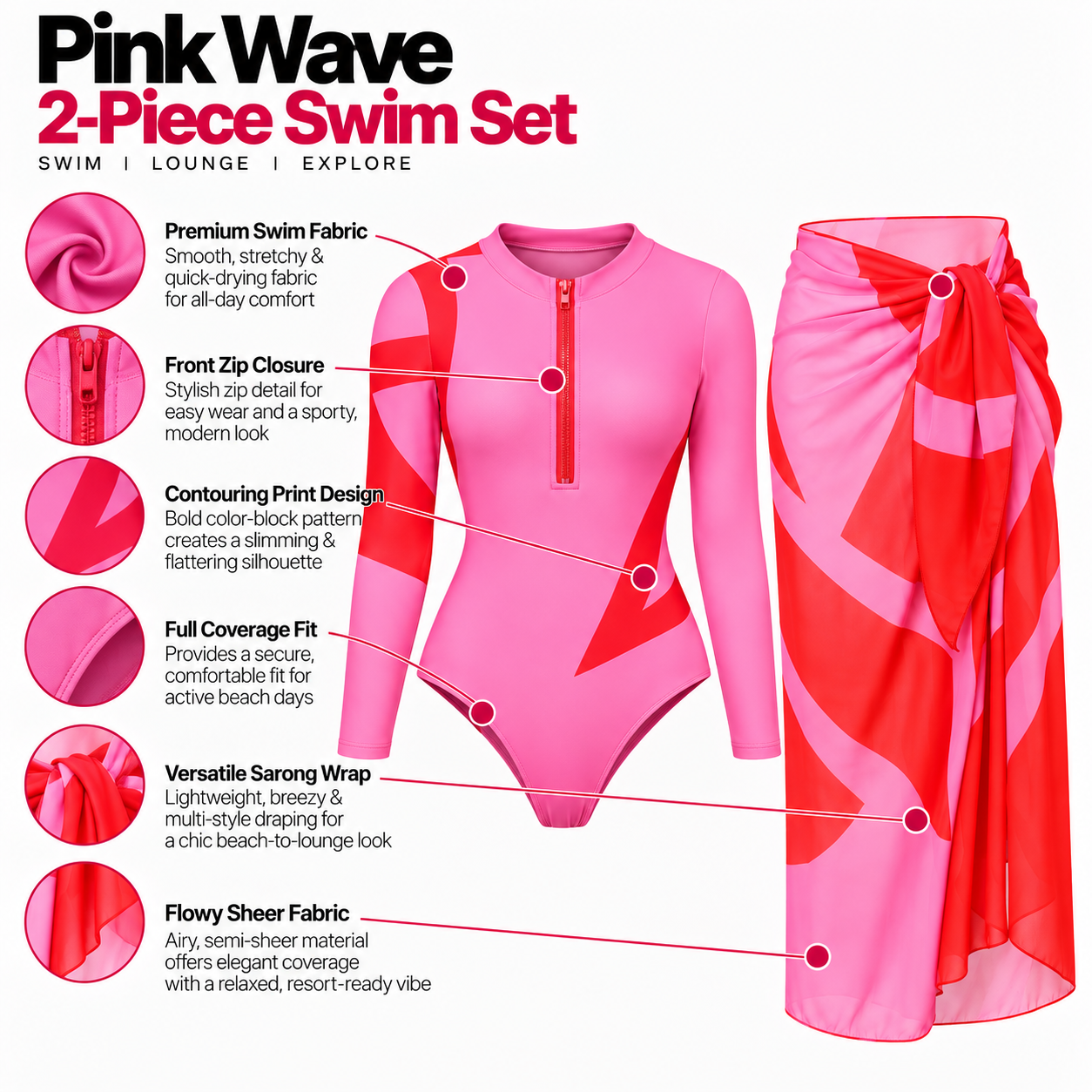 Zip-Up Full Sleeves Monokini with Sarong