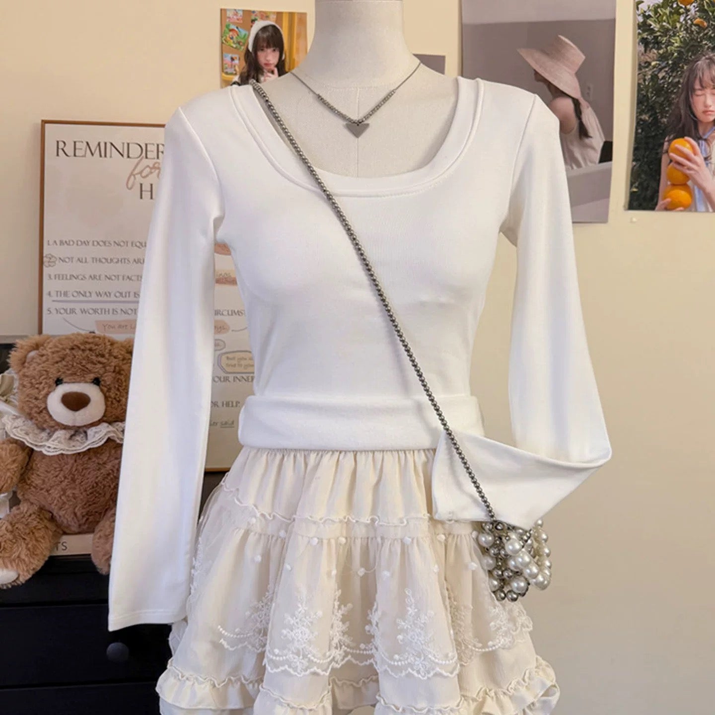Square Neck Built-in Bra Full Sleeves Top