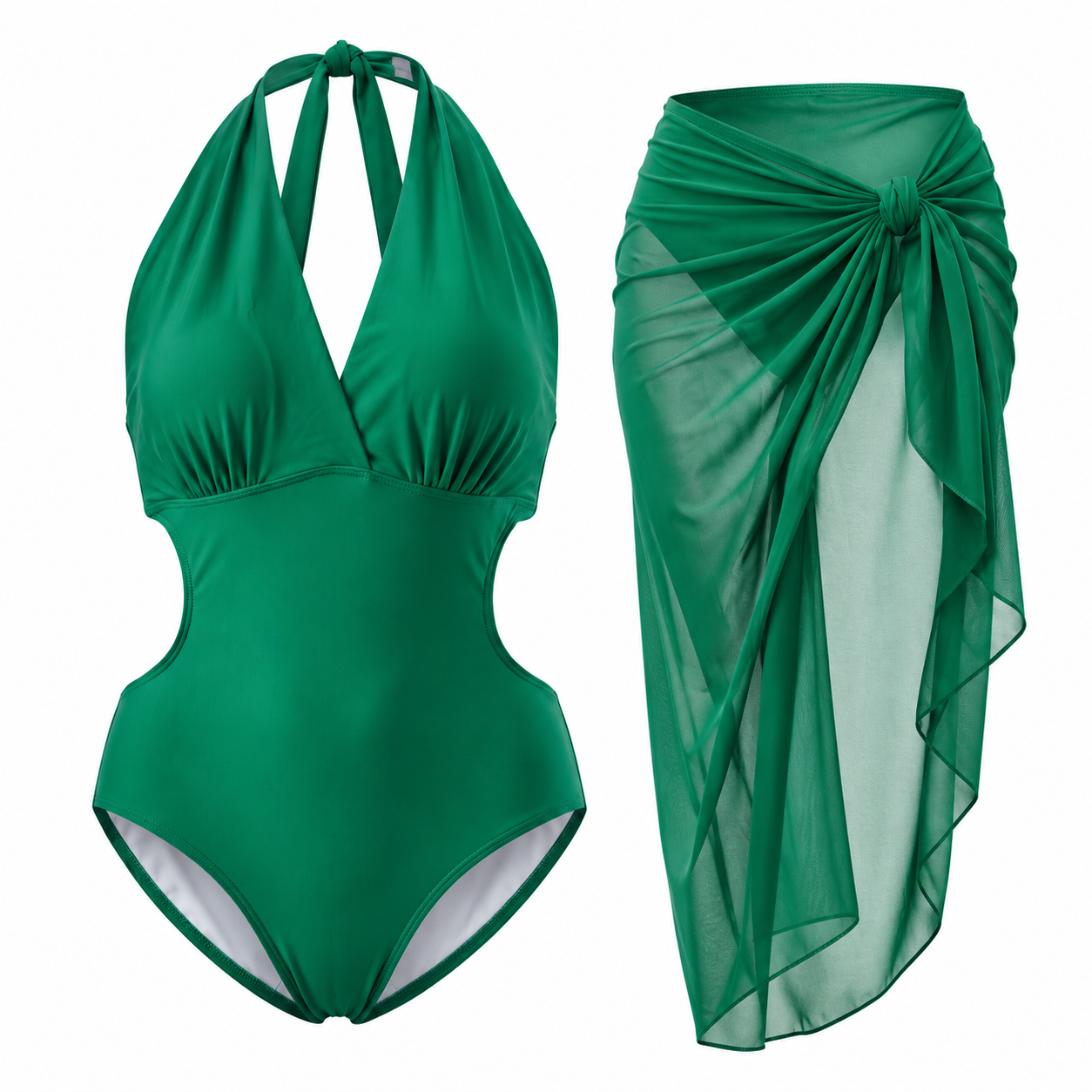 Emerald Charm Halter Monokini  & Wrap Skirt Set
