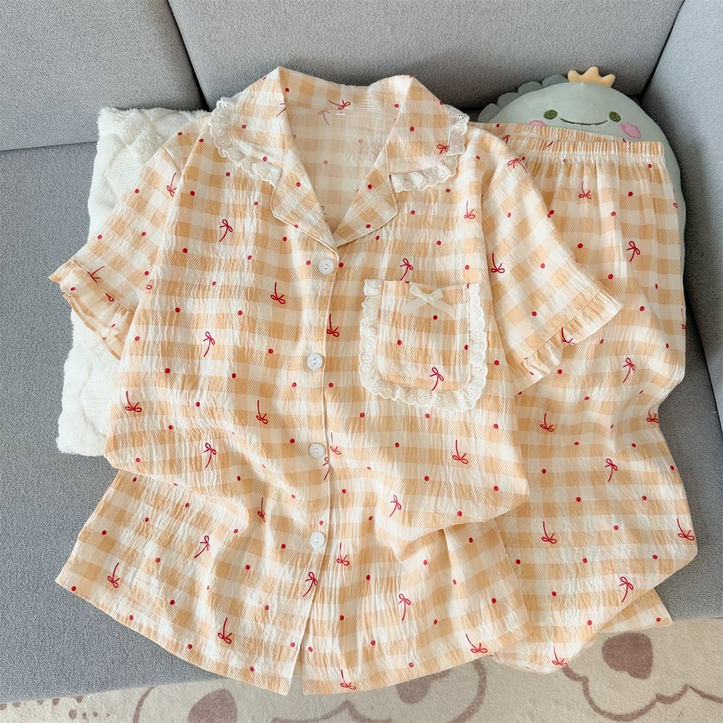 Aesthetic Bow Gingham Padded Nightsuit -3pcs Set