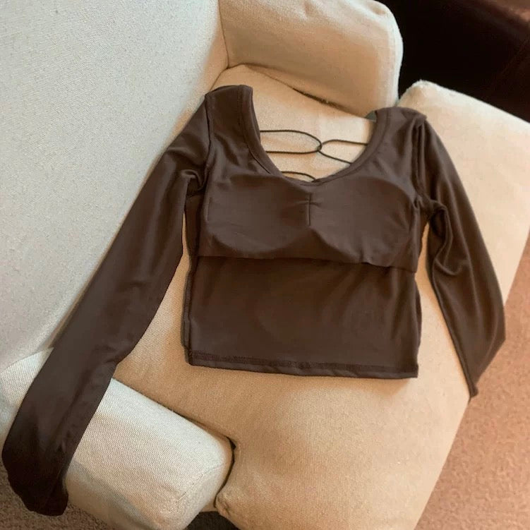 Y2K Backless Built-in Bra Full Sleeves Top