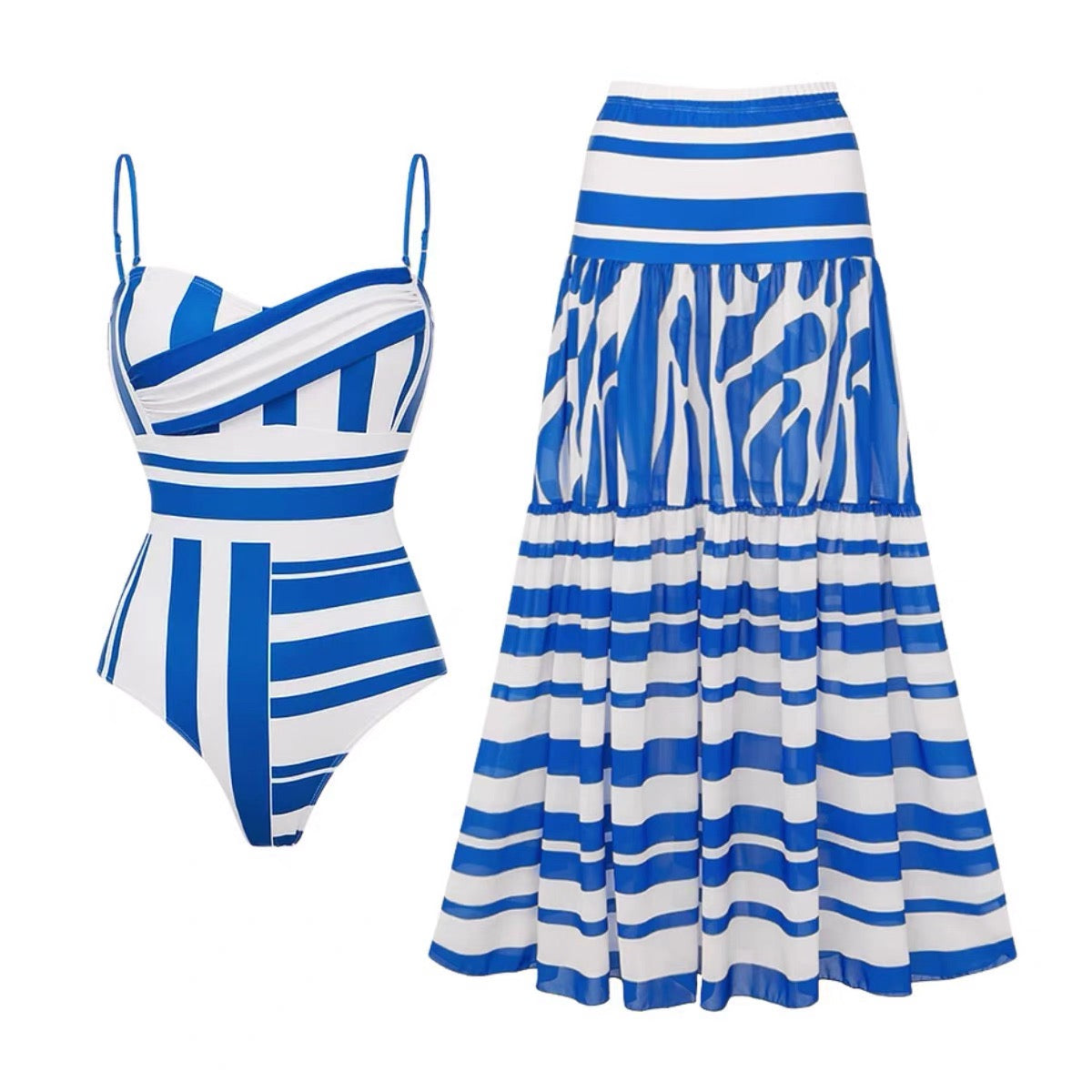 Marine Stripe  Monokini With Skirt Set