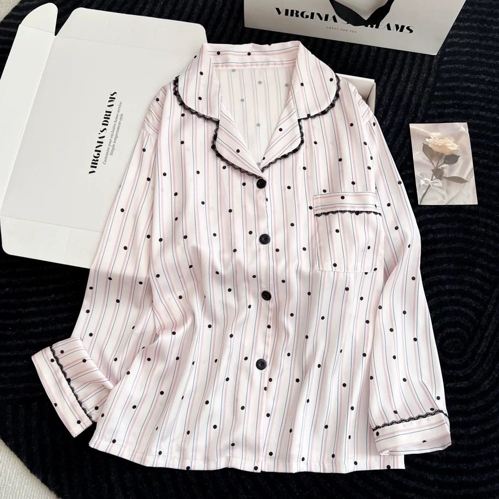 Tailored Stripe & Dot Satin Padded Nightsuit - 3pc Set
