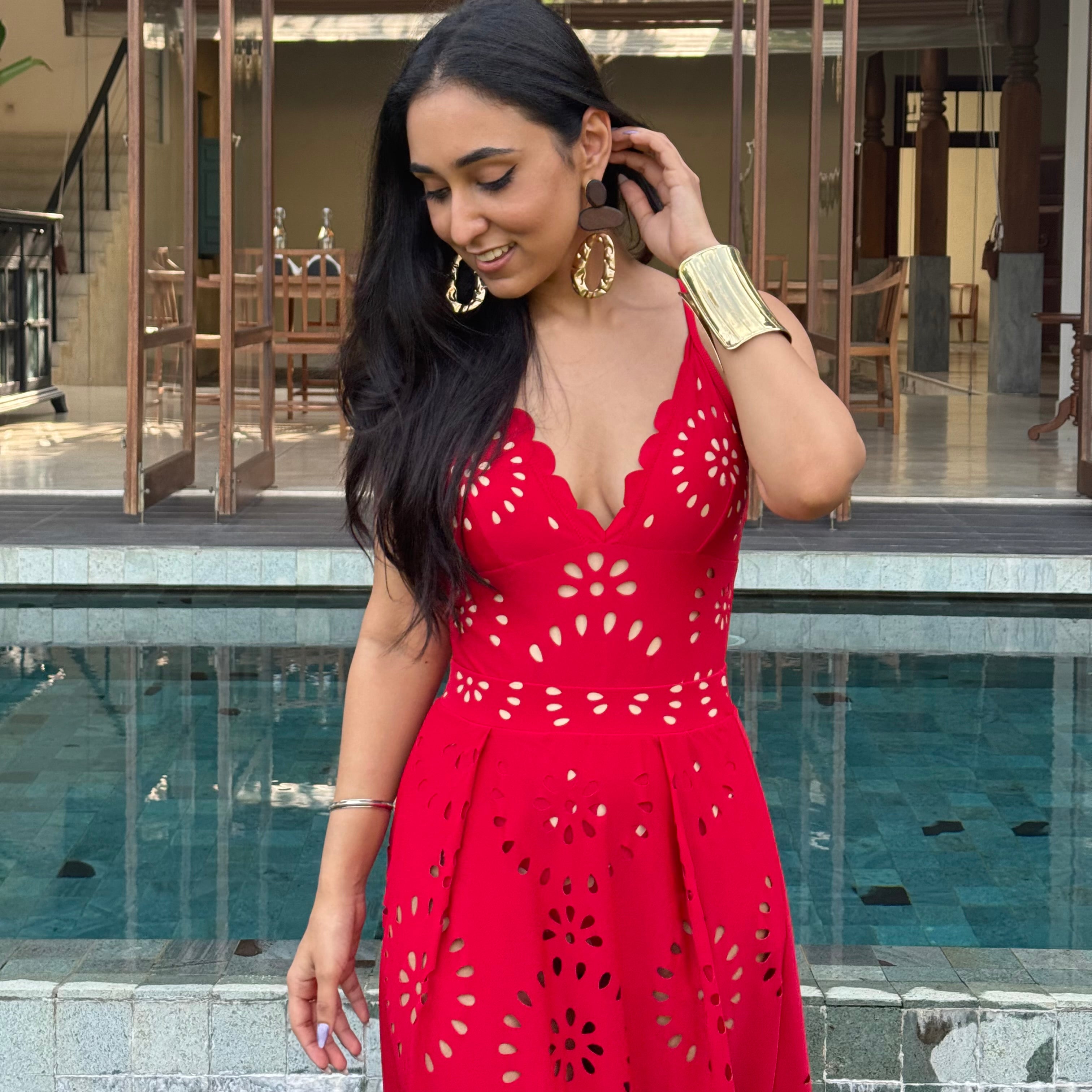 Red Cut-Out Monokini with Skirt Set