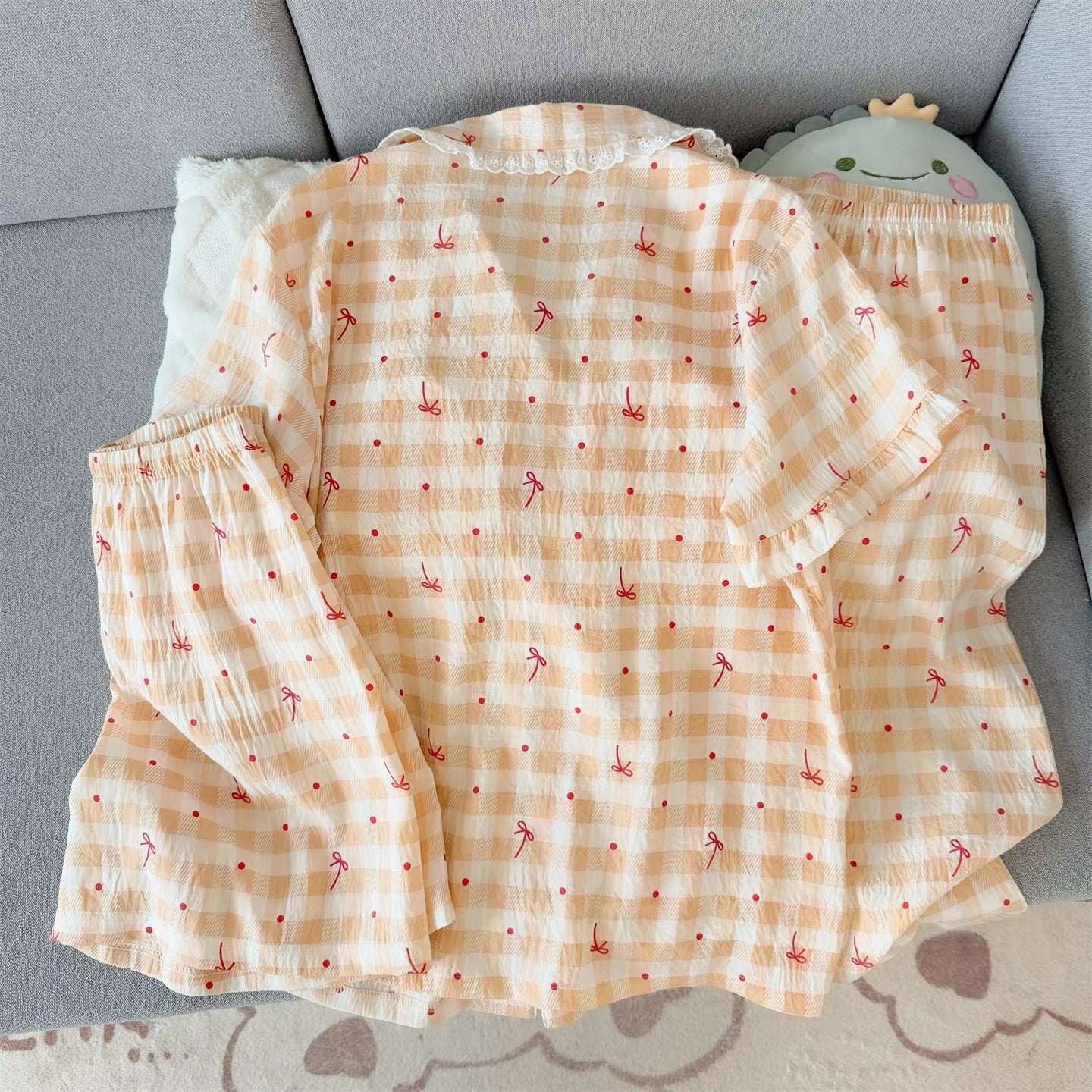 Aesthetic Bow Gingham Padded Nightsuit -3pcs Set