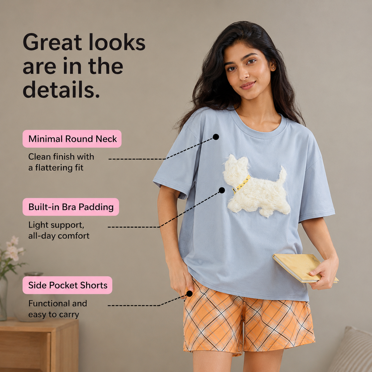 Peach Check Padded Nightsuit Set- 3pc Set