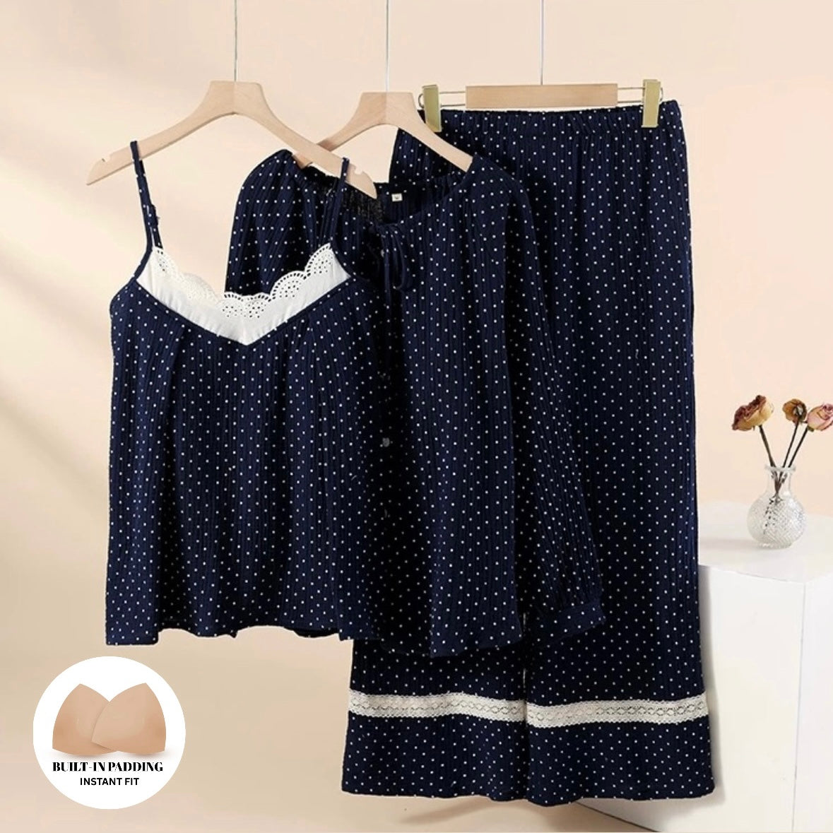 Navy Polka Dot Padded Nightsuit- 3pc Set