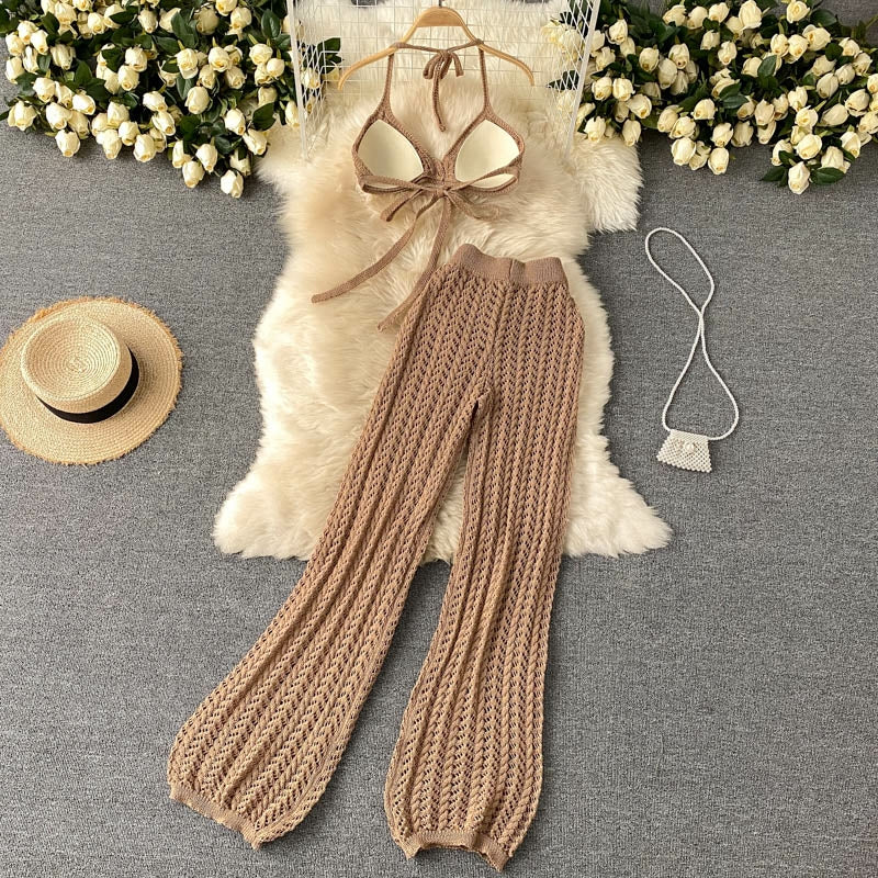 Crochet halter neck top with knitted pants set
