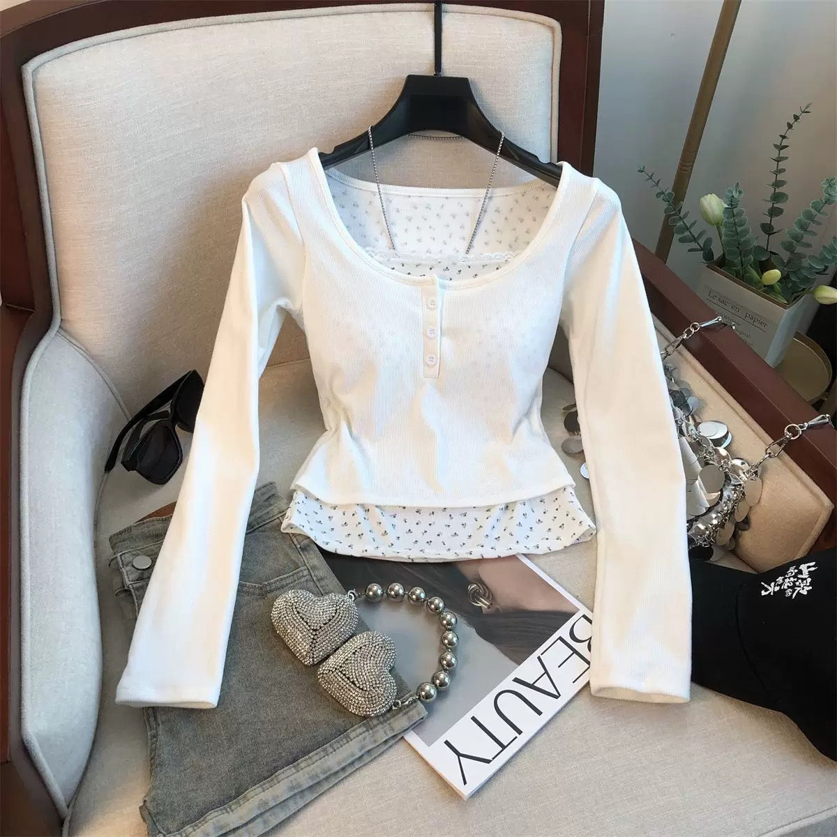 Henley Built-in Bra Full Sleeves Top