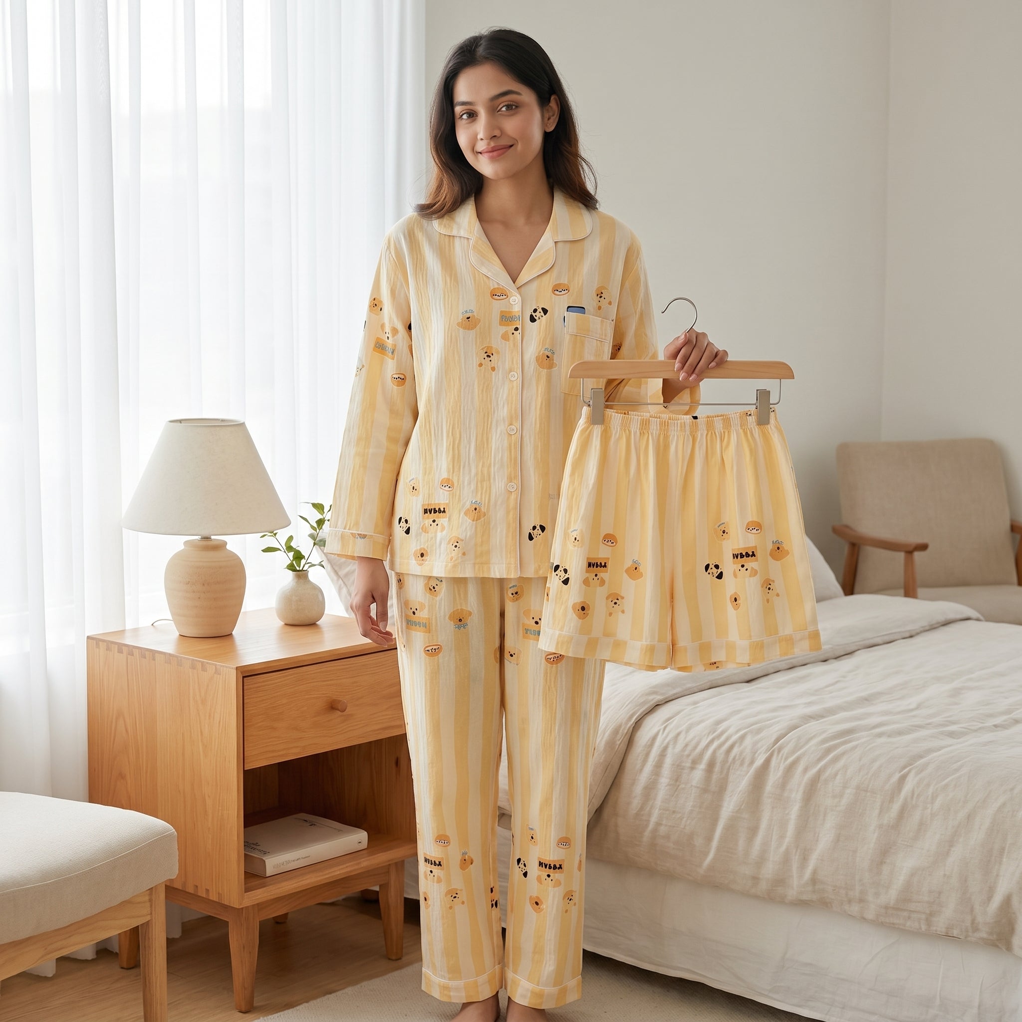 Yellow Puppy Padded Nightsuit- 3pcs Set