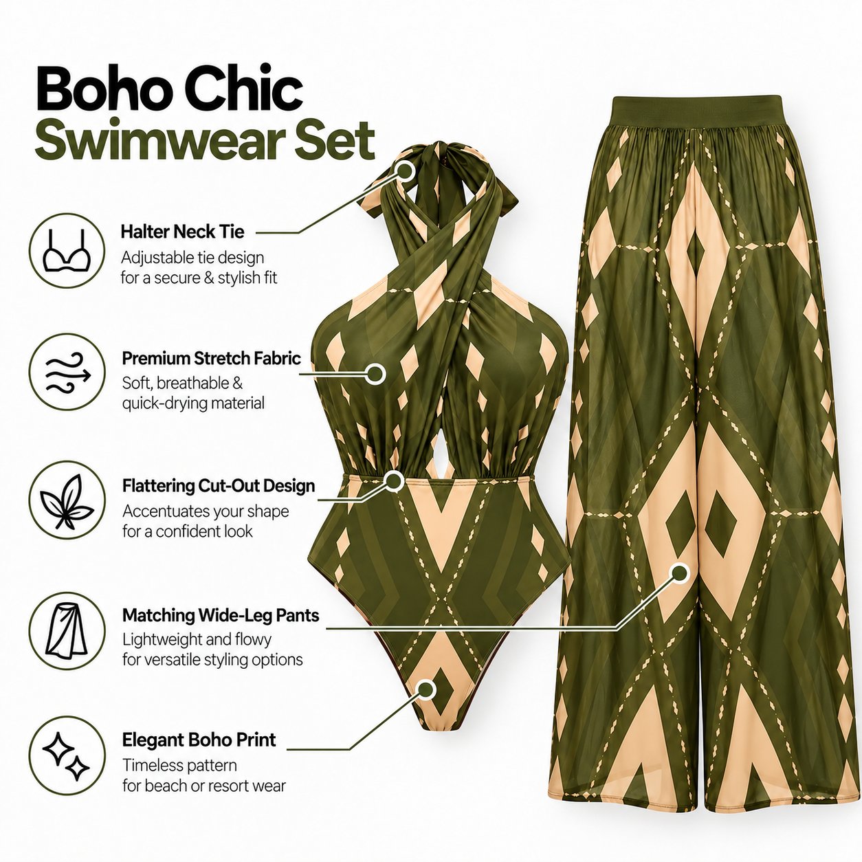 Olive Mirage Halter Monokini With Pant Set