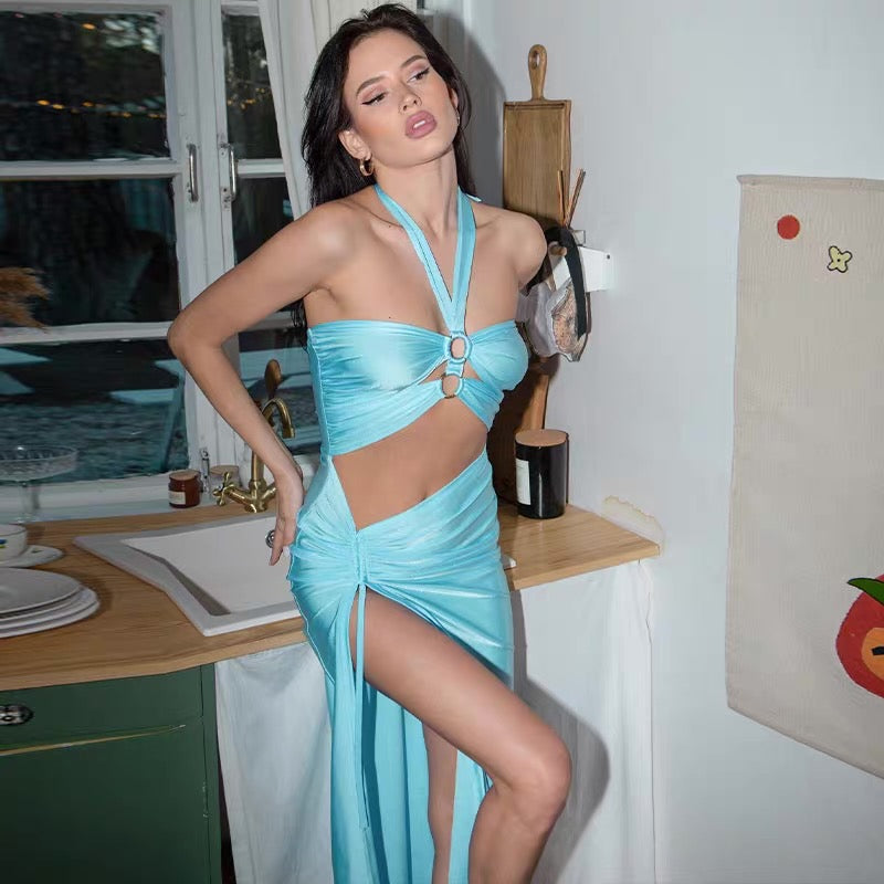 Cerulean Ring Halter Cutout Maxi Dress