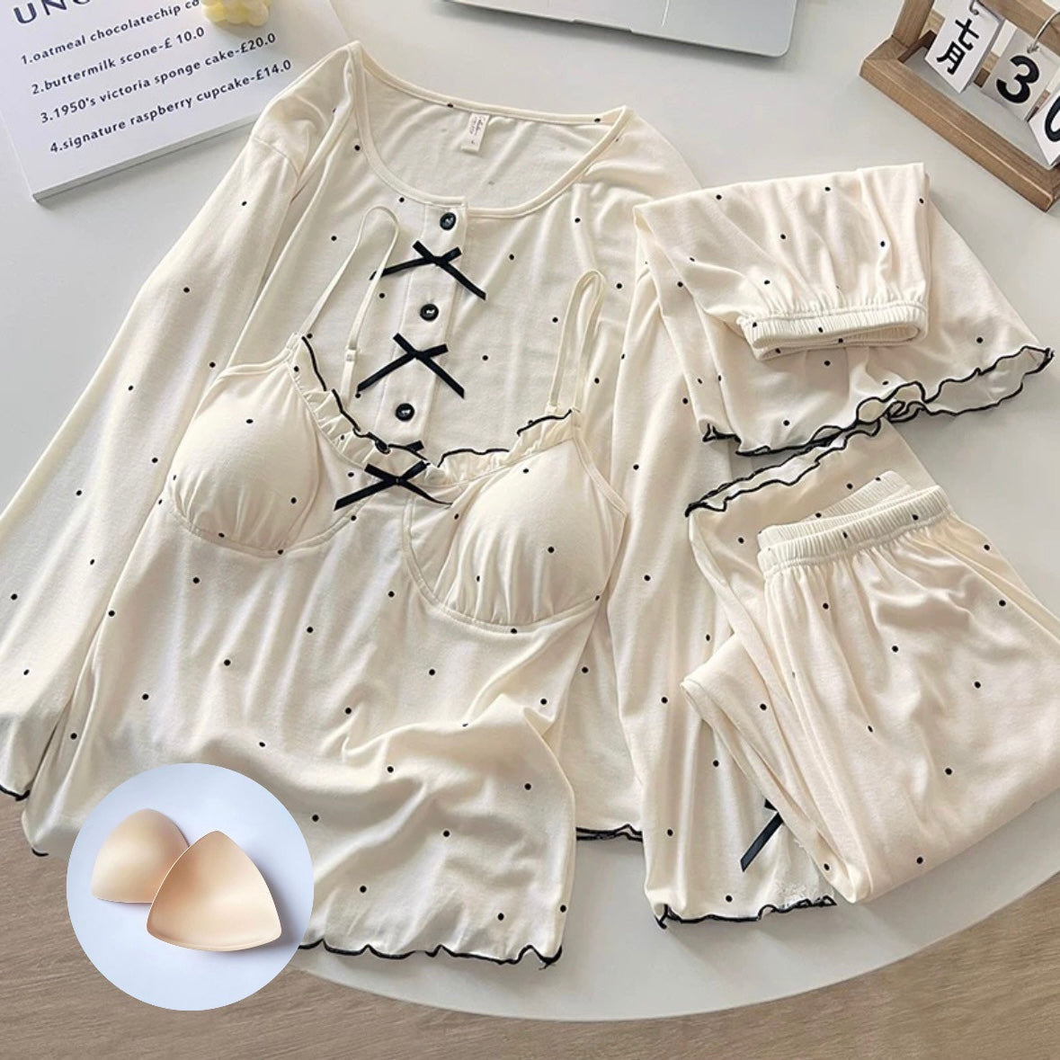 Parisian Bow Luxe Padded Nightsuit Set - 4pc Set