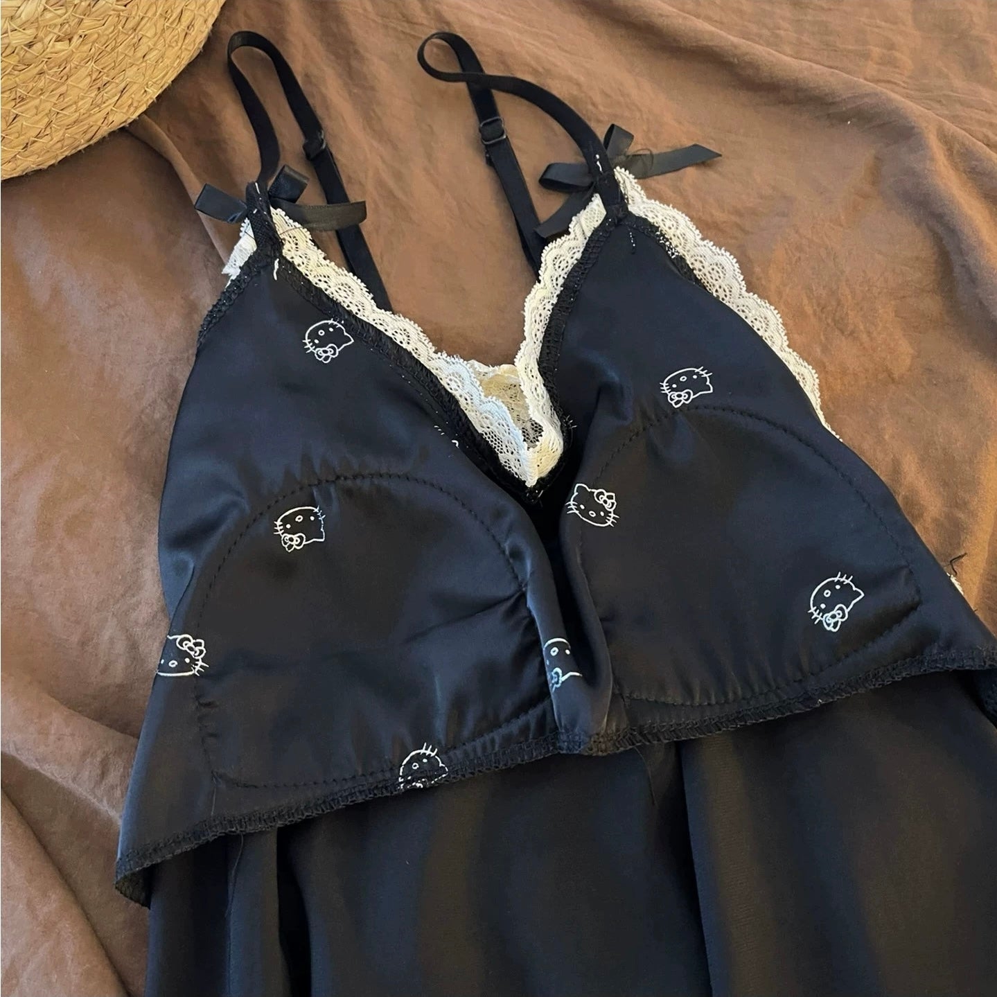 Black Cat Satin Padded Nightsuit - 4pc Set
