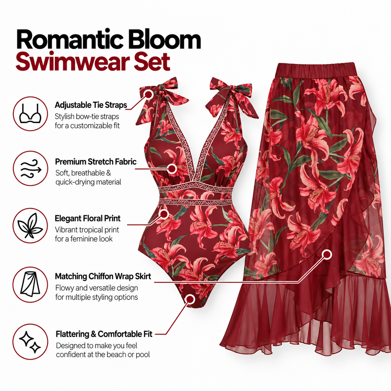Wine Lily Monokini With Skirt Set