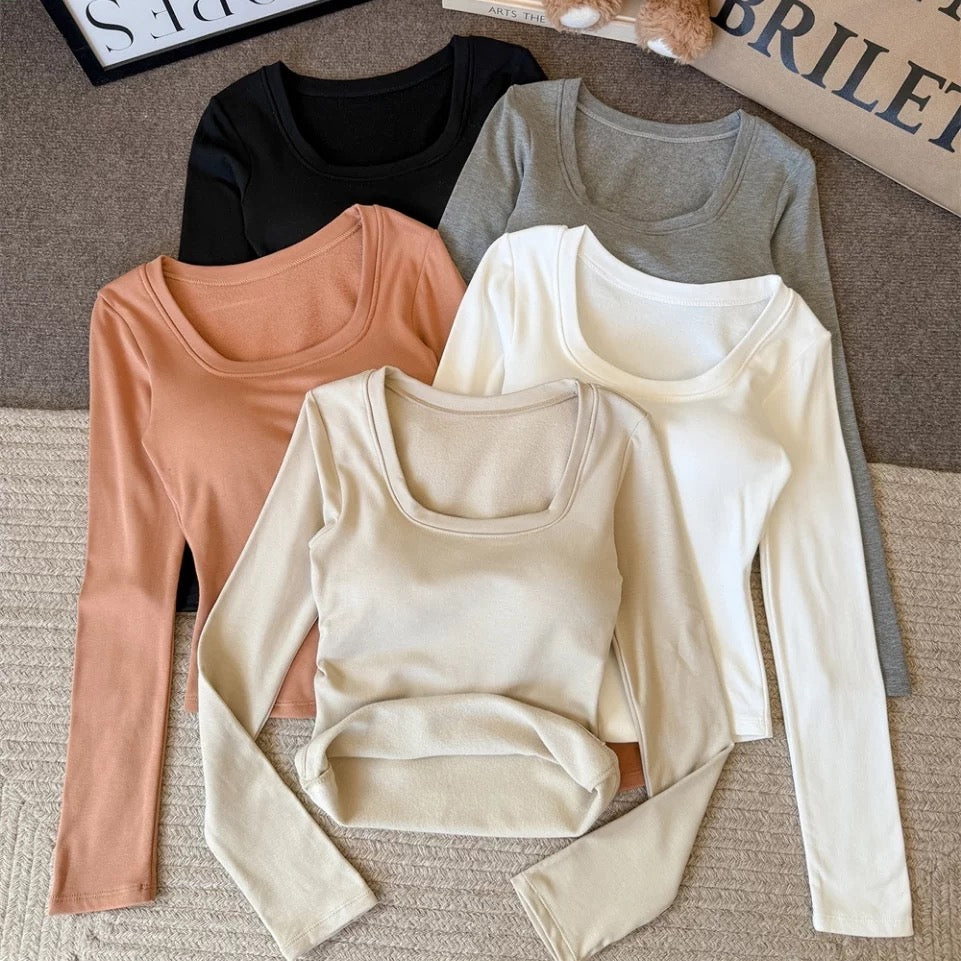 Square Neck Built-in Bra Full Sleeves Top