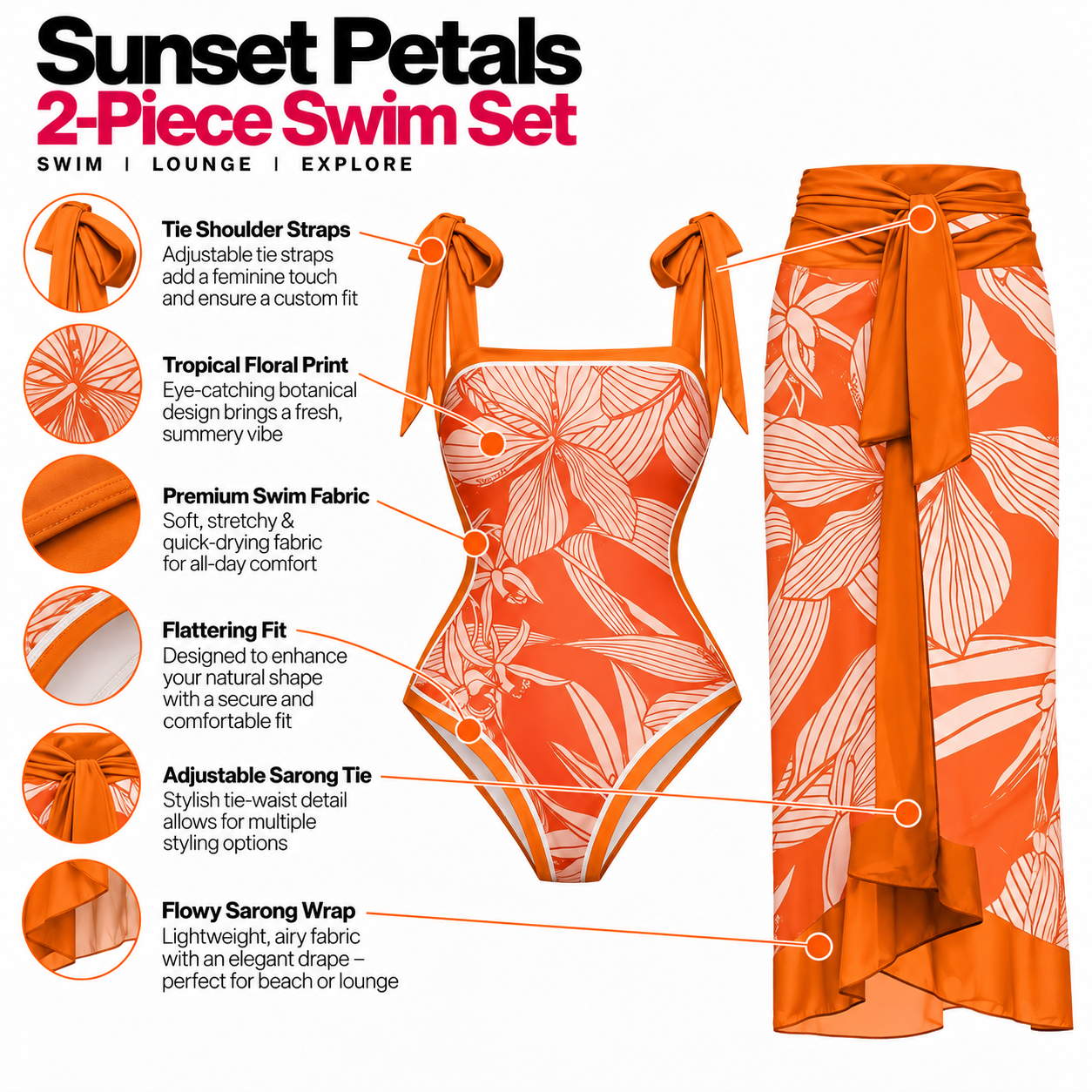 Tangerine Floral Bikini And Sarong Set