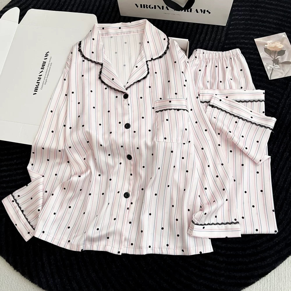 Tailored Stripe & Dot Satin Padded Nightsuit - 3pc Set
