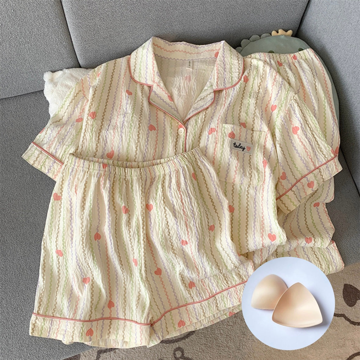 Peachy Stripes Padded Nightsuit -3pc Set