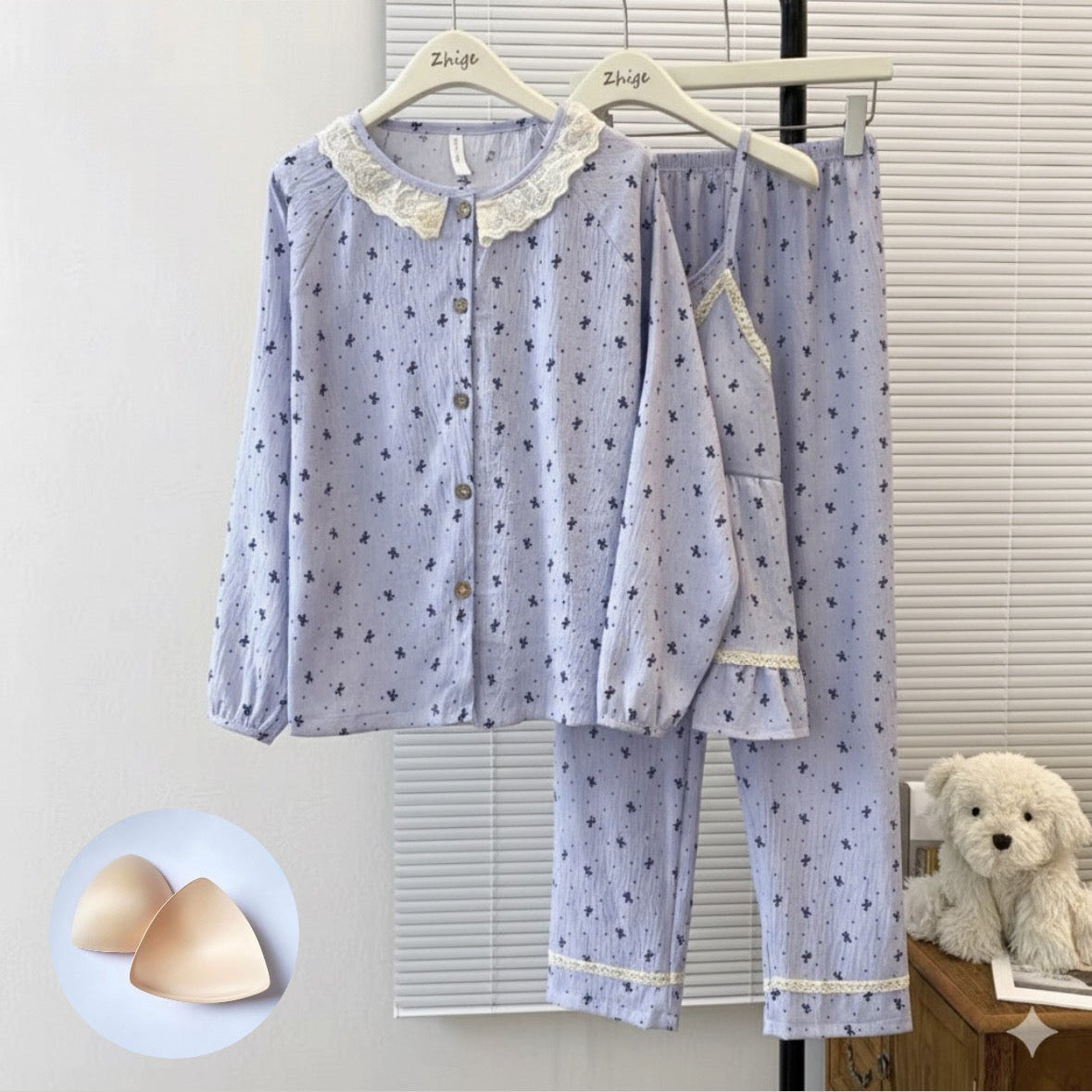 Lavender Lace Padded Nightsuit - 3pc Set