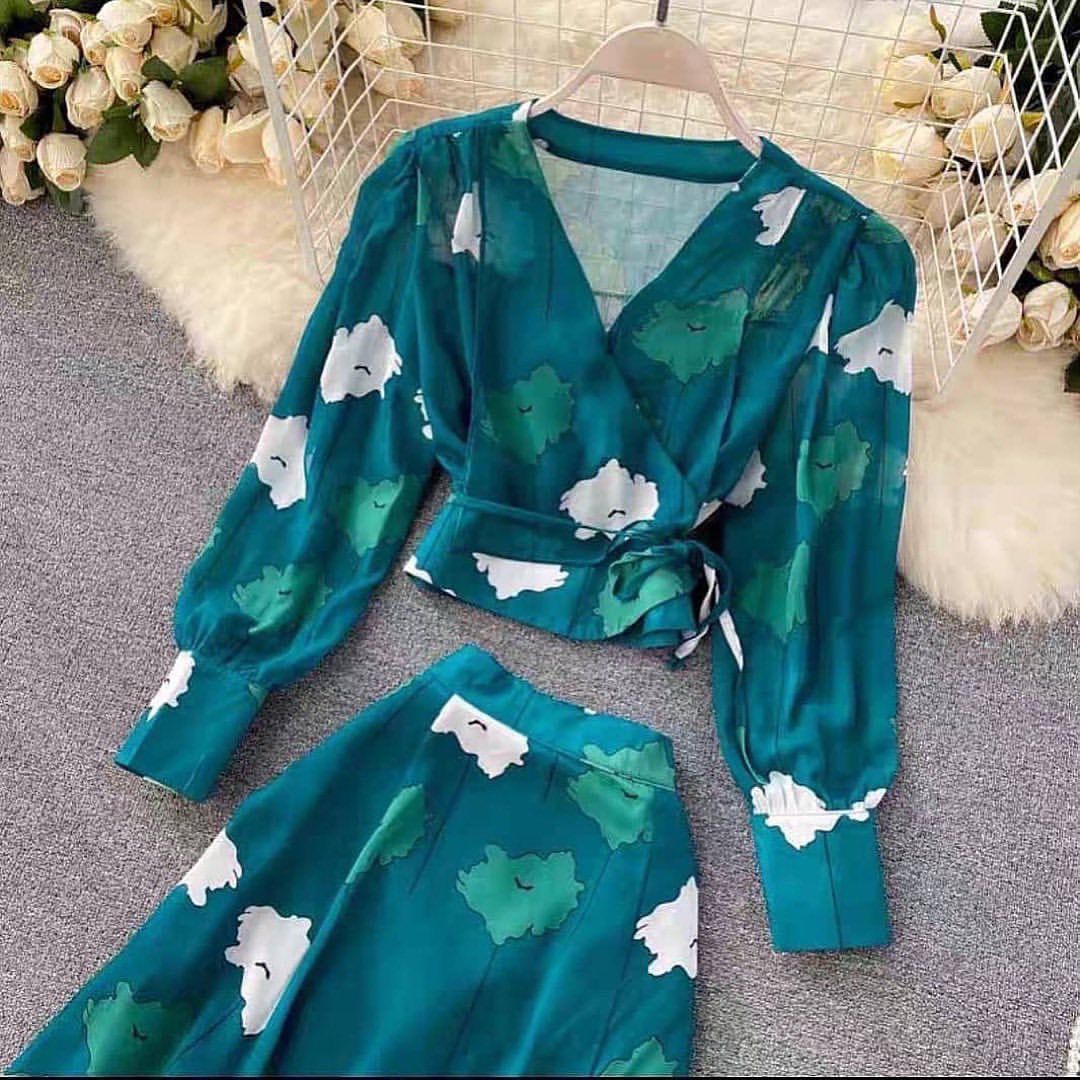 Pannkh Floral Wrap Top N Frill Split Skirt Set