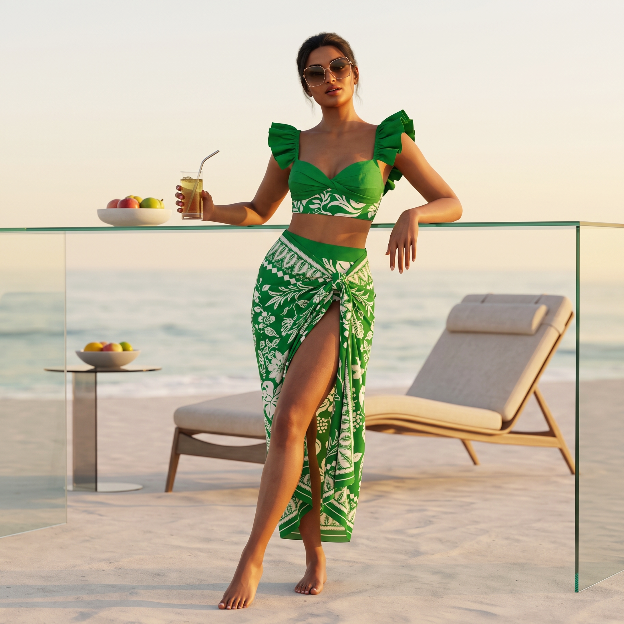 Sunfene Green Swimsuit with Sarong