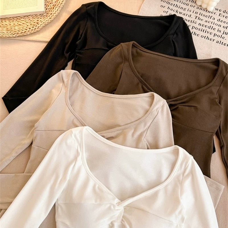 V-Neck Twist Built-in Bra Full Sleeves Top