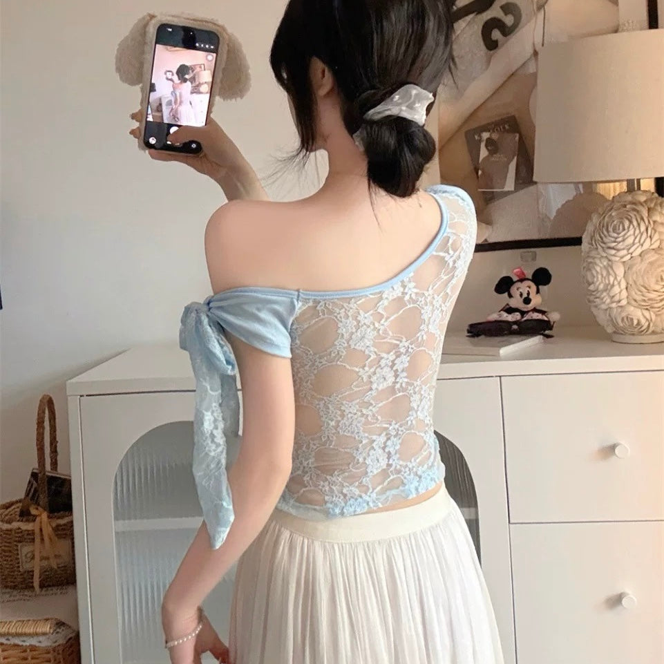 All-Over Lace Backless Built-in Bra Top