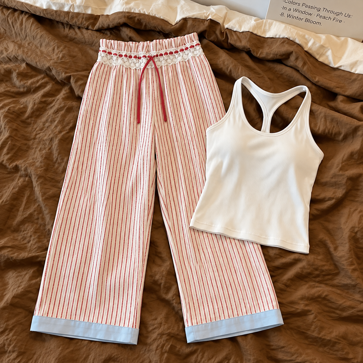 Blush Stripe Lace-Trim Padded Lounge Set