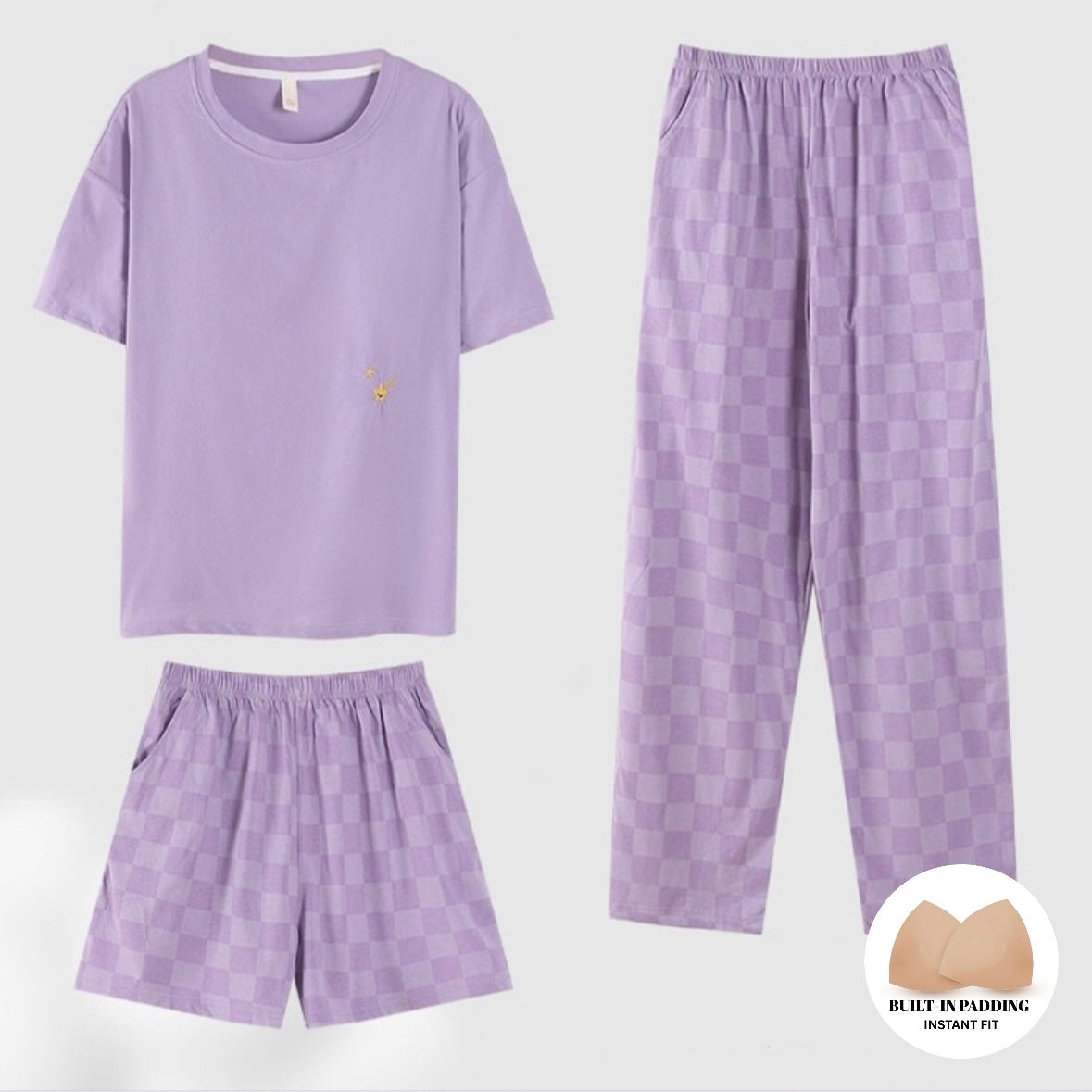Lilac Bliss Padded Nightsuit - 3Pc Set