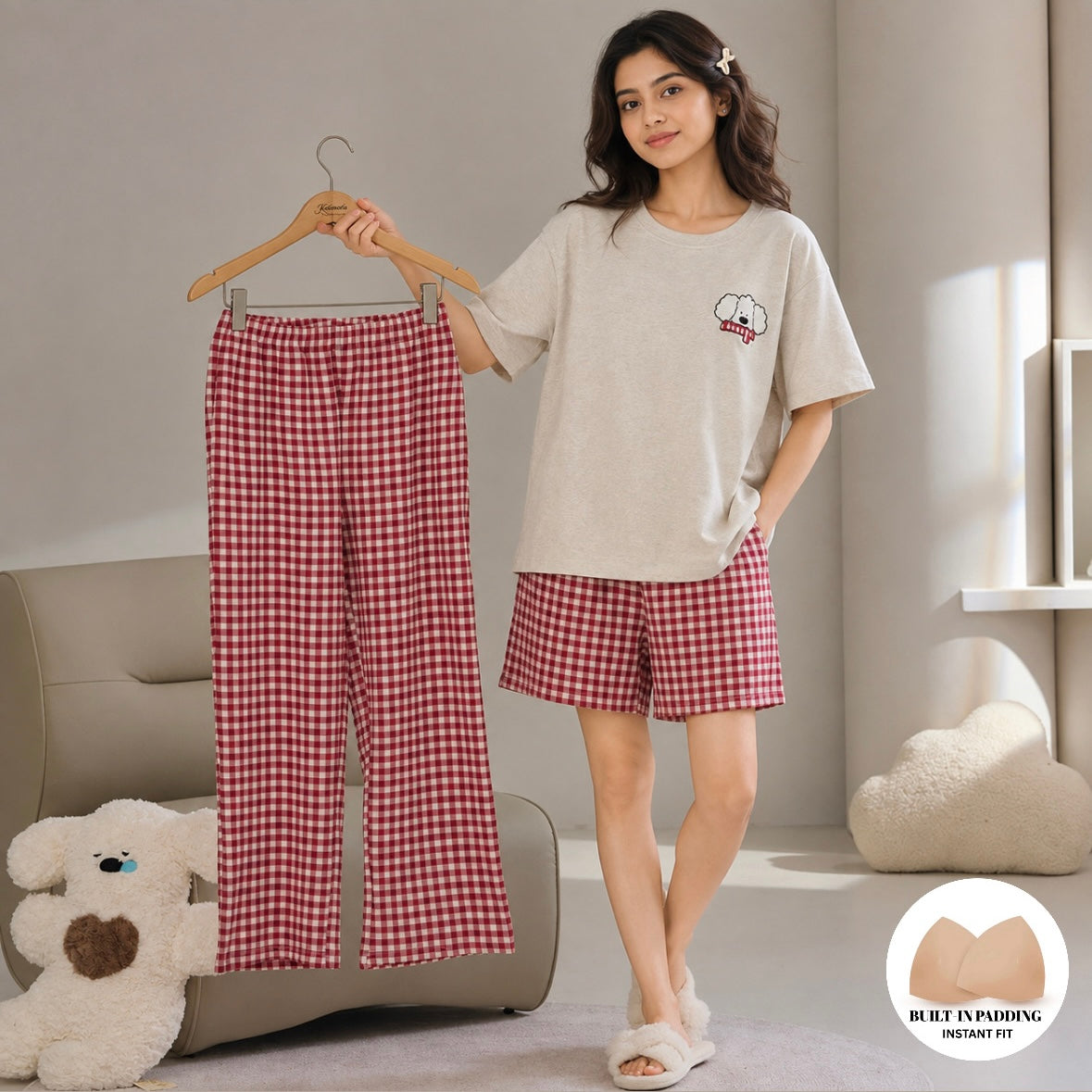 Classic Gingham Padded Nightsuit - 3pc Set