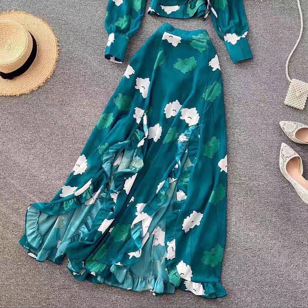 Pannkh Floral Wrap Top N Frill Split Skirt Set