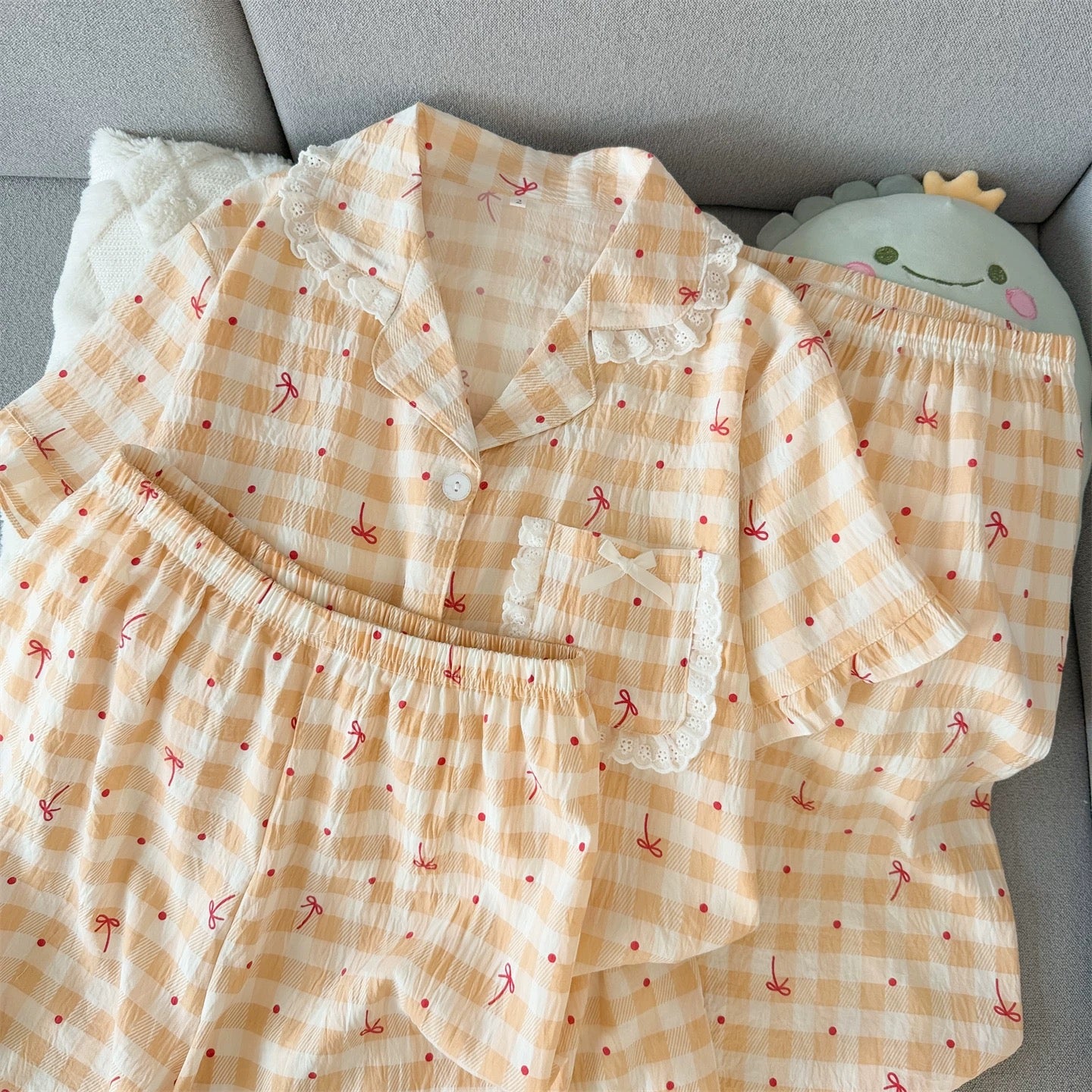 Aesthetic Bow Gingham Padded Nightsuit -3pcs Set