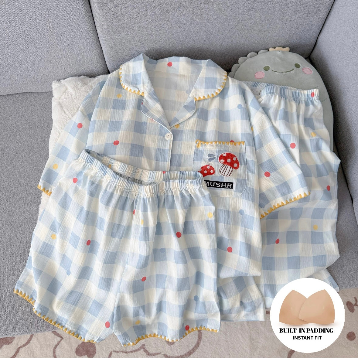 Pastel Mushroom Padded Nightsuit -3pcs Set