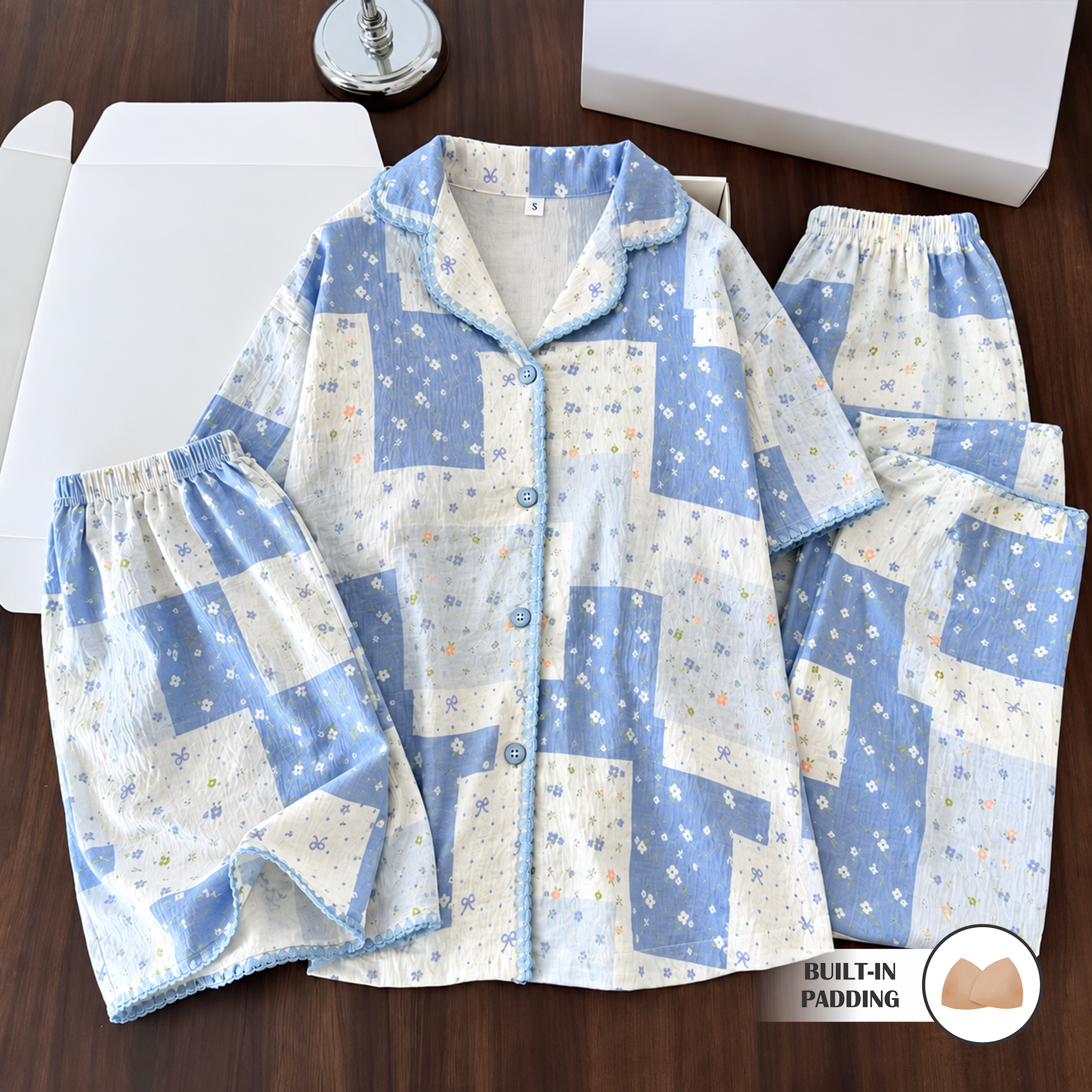 Petals & Box Padded Nightsuit -3pc set