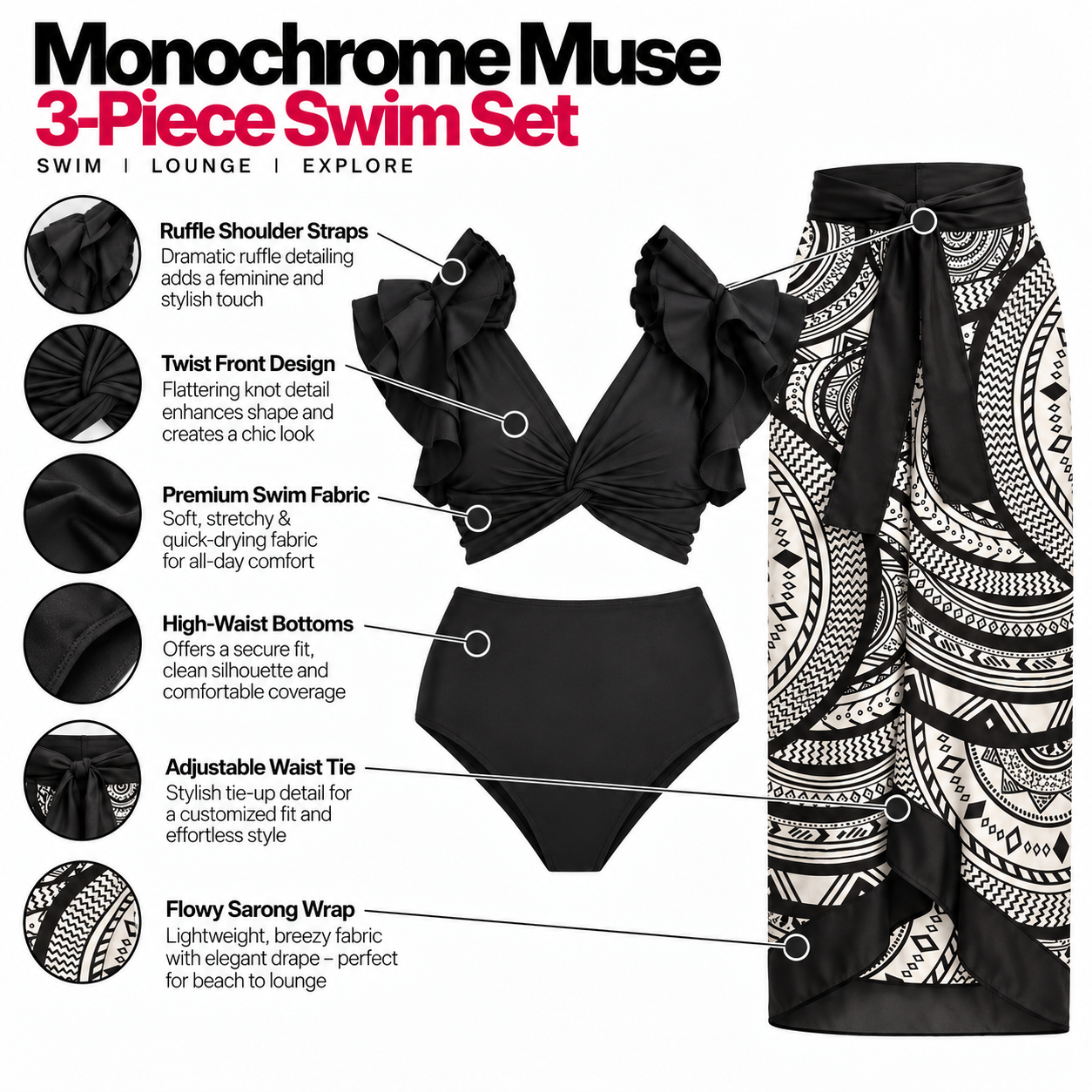 Flax Ruffle Bikini with Sarong Set