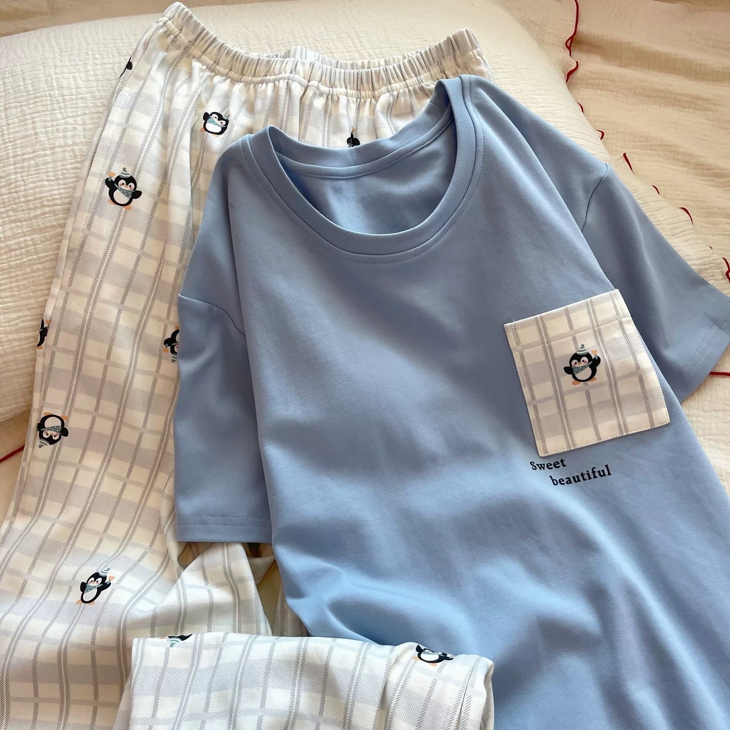 Penguin Plaid Padded Nightsuit Set - 3pc Set