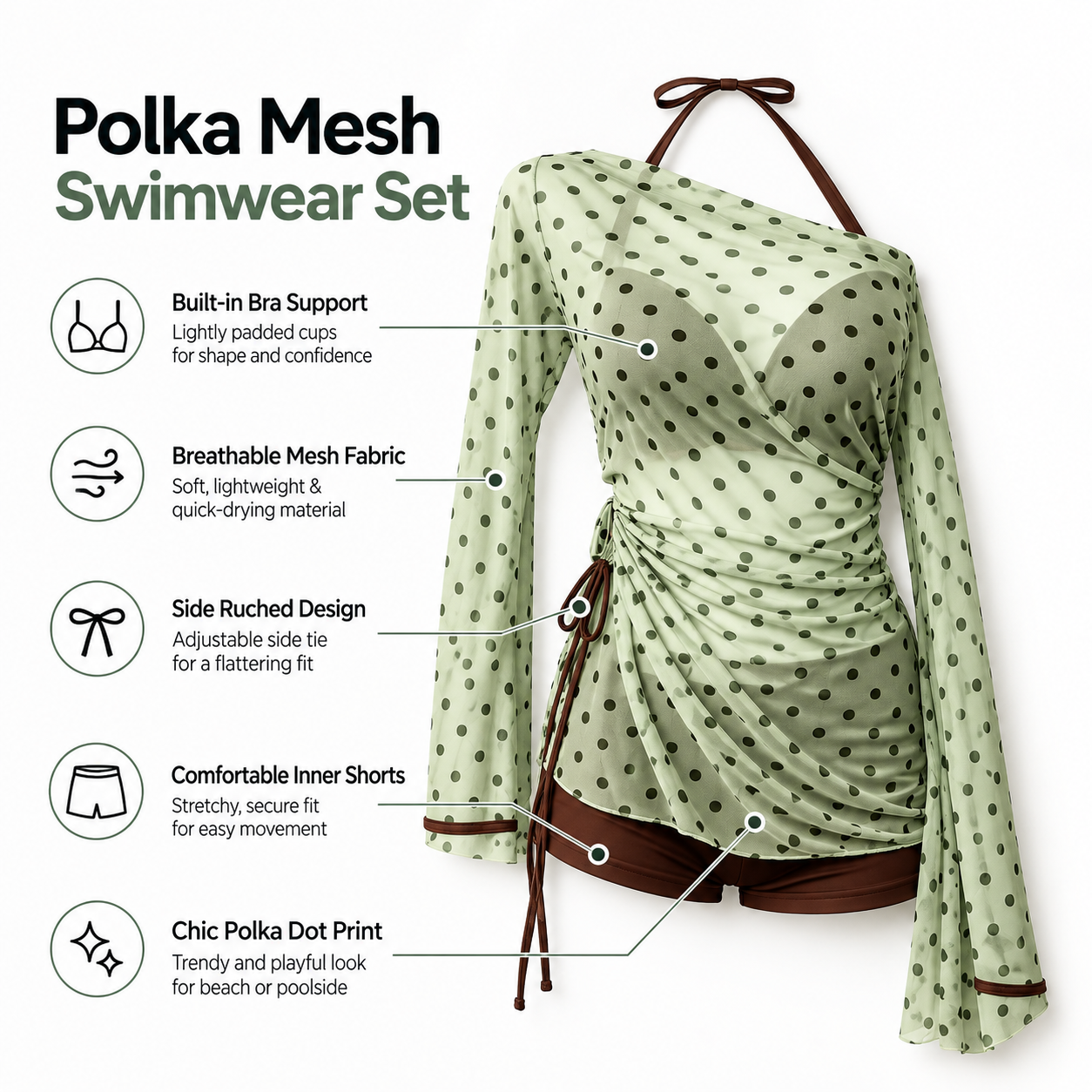 Pistachio Polka 3Pc Swimsuit Set
