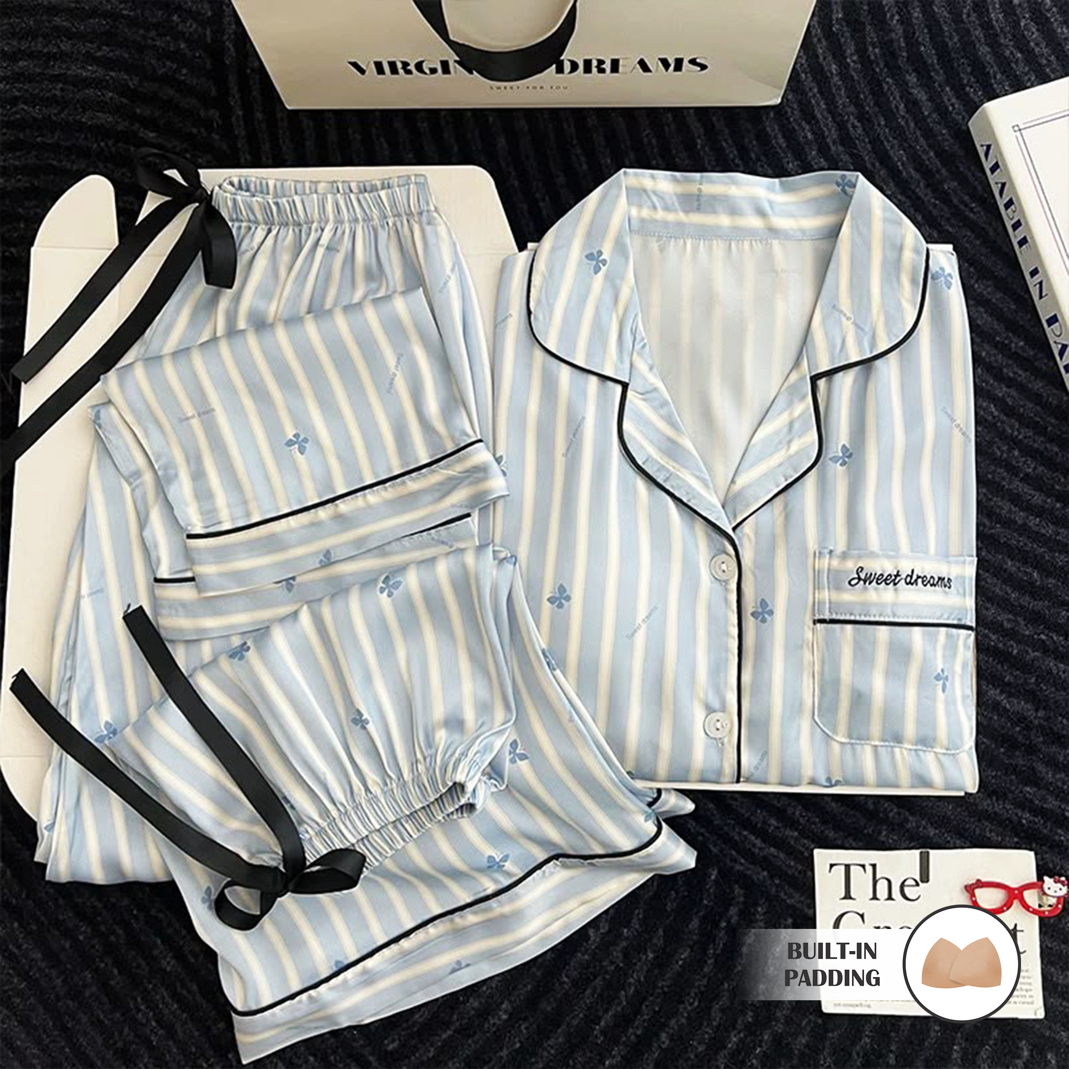 Tailored Stripe & Dot Satin Padded Nightsuit - 3pc Set