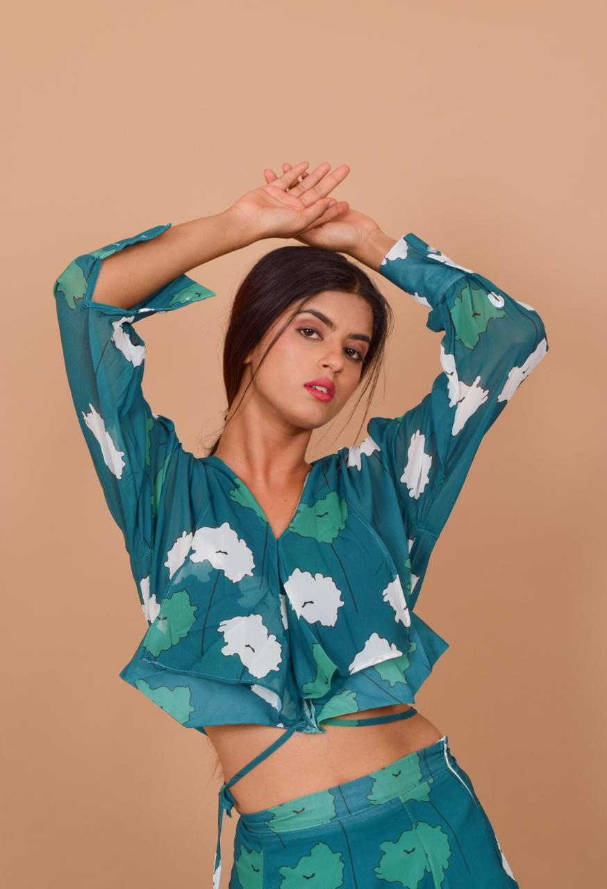 Pannkh Floral Wrap Top N Frill Split Skirt Set