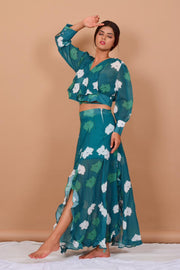 Pannkh Floral Wrap Top N Frill Split Skirt Set
