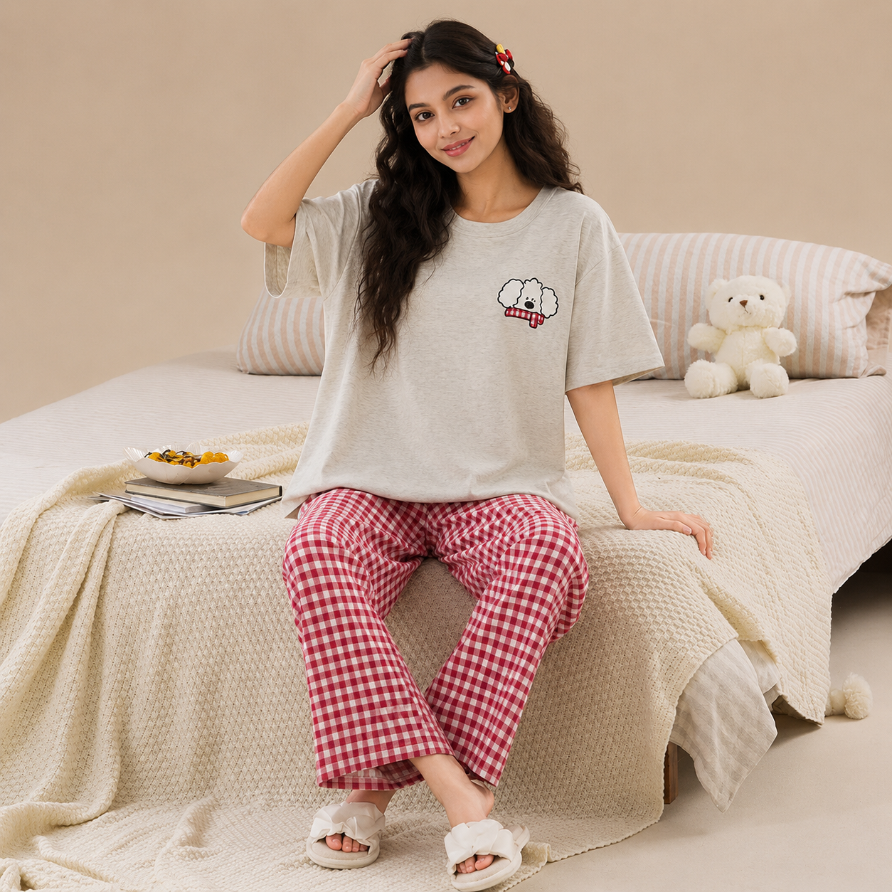 Classic Gingham Padded Nightsuit - 3pc Set