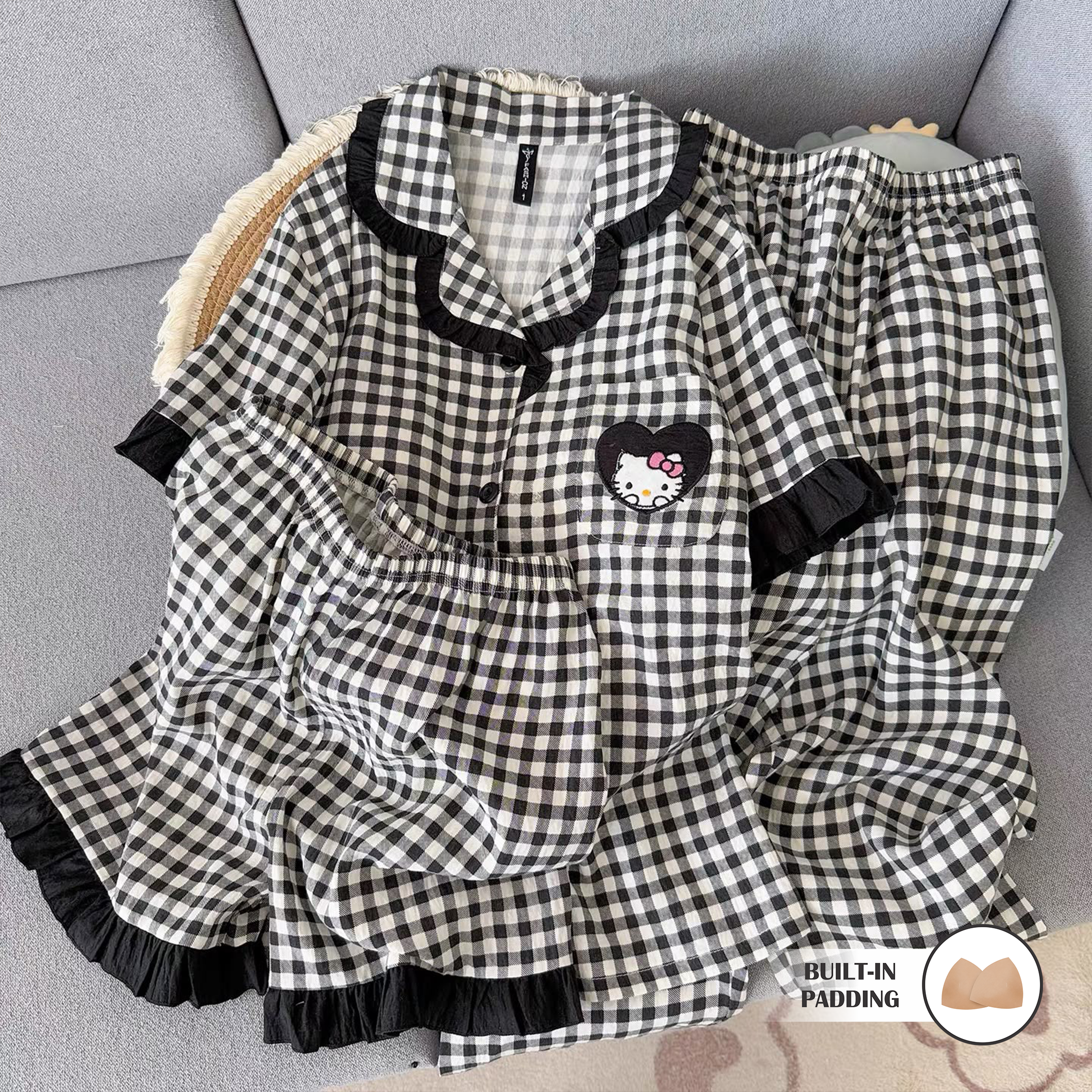 Black Tie Ruffles Padded Nightsuit - 3pc Set